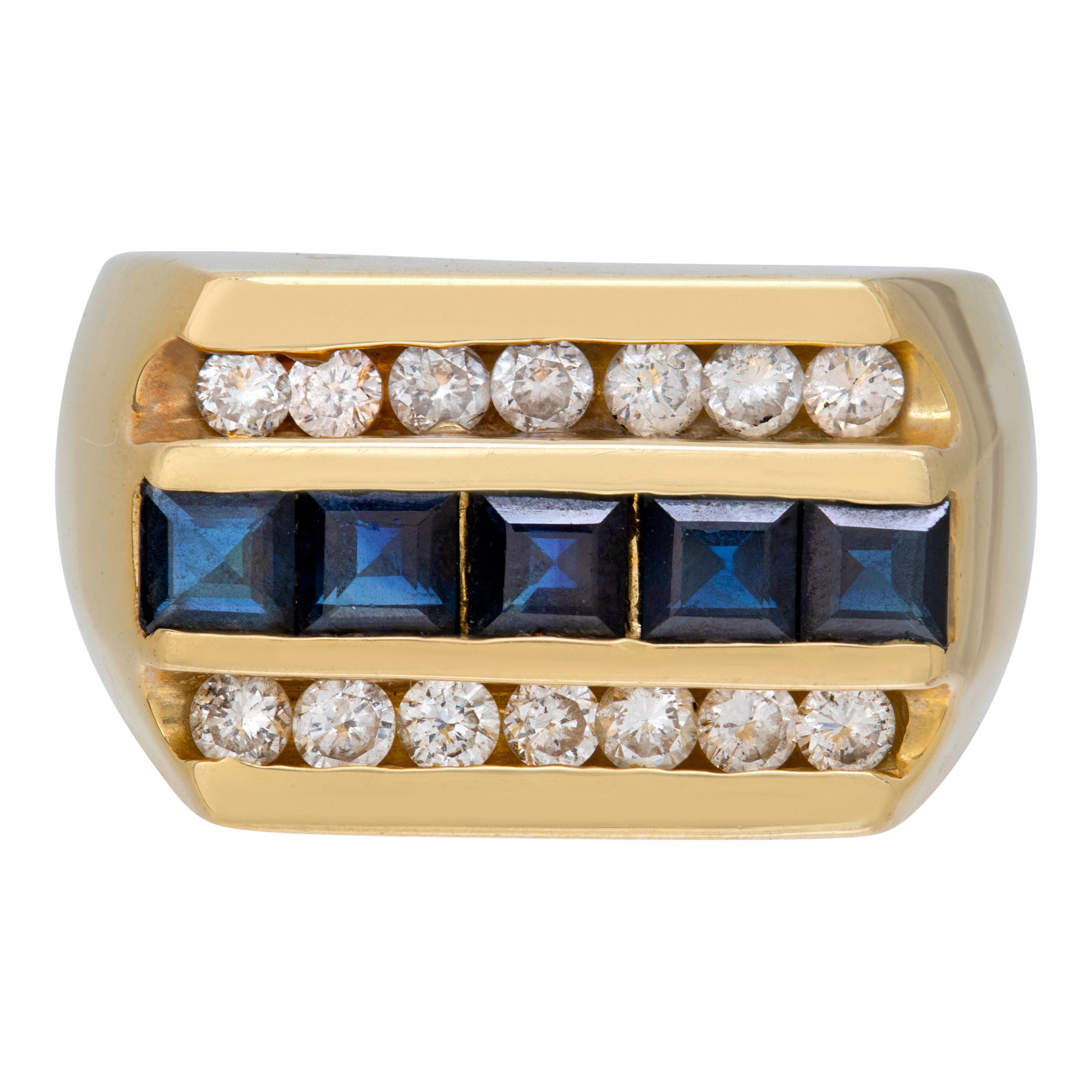 Striking & elegant ring with double row of diamonds around square cut deep blue sapphires in 14k yellow gold. Ring size 9.75, width 13mm.This Diamond/Sapphires ring is currently size 9.75 and some items can be sized up or down, please ask! It weighs