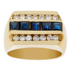 Vintage Double row of diamonds around square cut deep blue sapphires in yellow gold ring