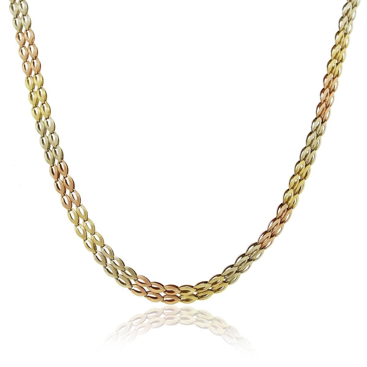 Style: 14k Tri Color Double Row Oval Link Necklace
Material: 14k Yellow, White and Rose Gold
Length: 16.5″
Clasp: Tongue in Box
Total Weight:  14g (8.9dwt)
SKU: G7267
