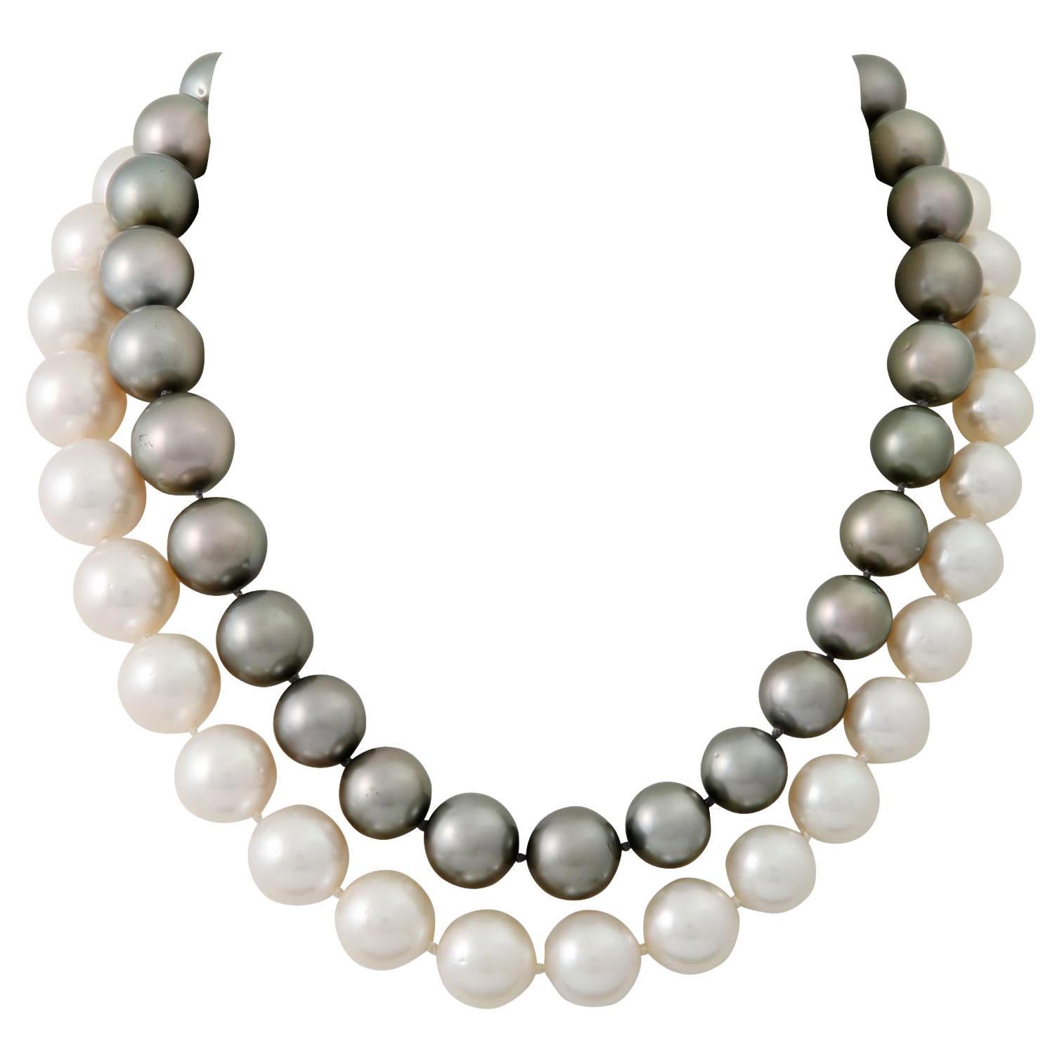 Double Row Pearl Necklace with Diamond Clasp For Sale