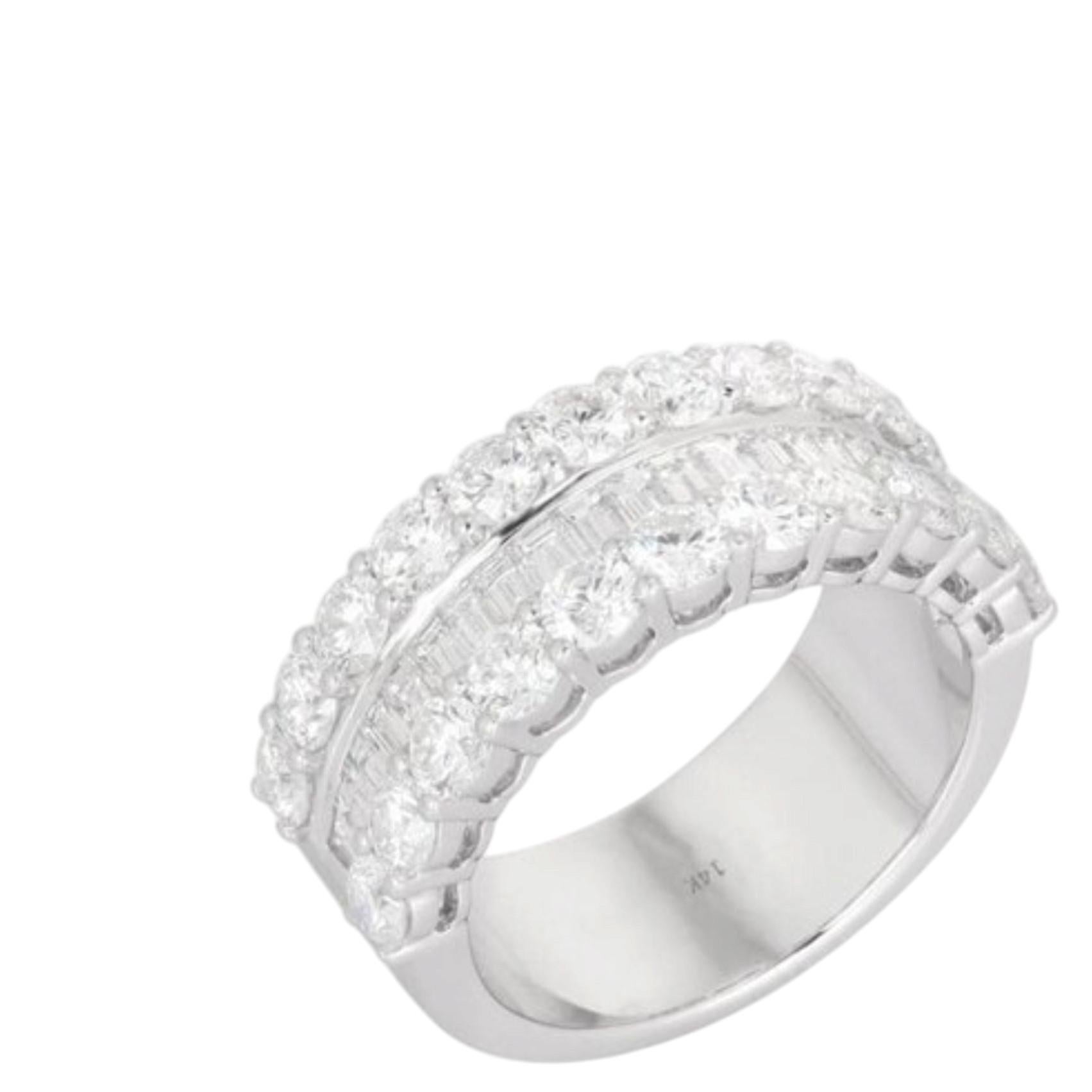For Sale:  3.24ct Round & Baguette Diamond Double Row 14K White Gold Ring