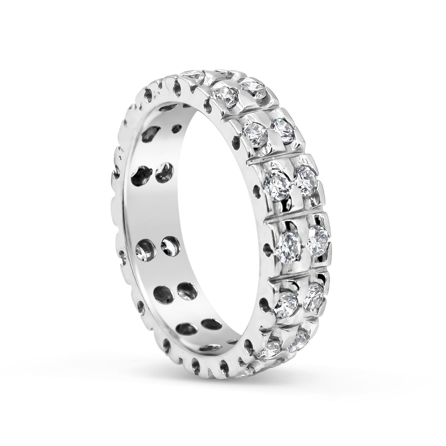 Showcasing two rows of round brilliant diamonds set in an 18 karat white gold mounting. Diamonds weigh 1.16 carats total. Size 7.5 US.

Style available in different price ranges. Prices are based on your selection of the 4C’s (Carat, Color, Clarity,