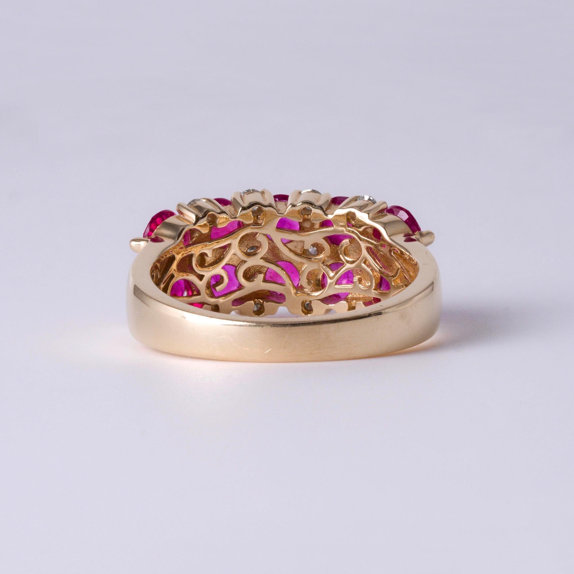 Double Row Rubin & Diamant Ring  3,50ct Rubine in 14K Gelbgold Damen im Angebot