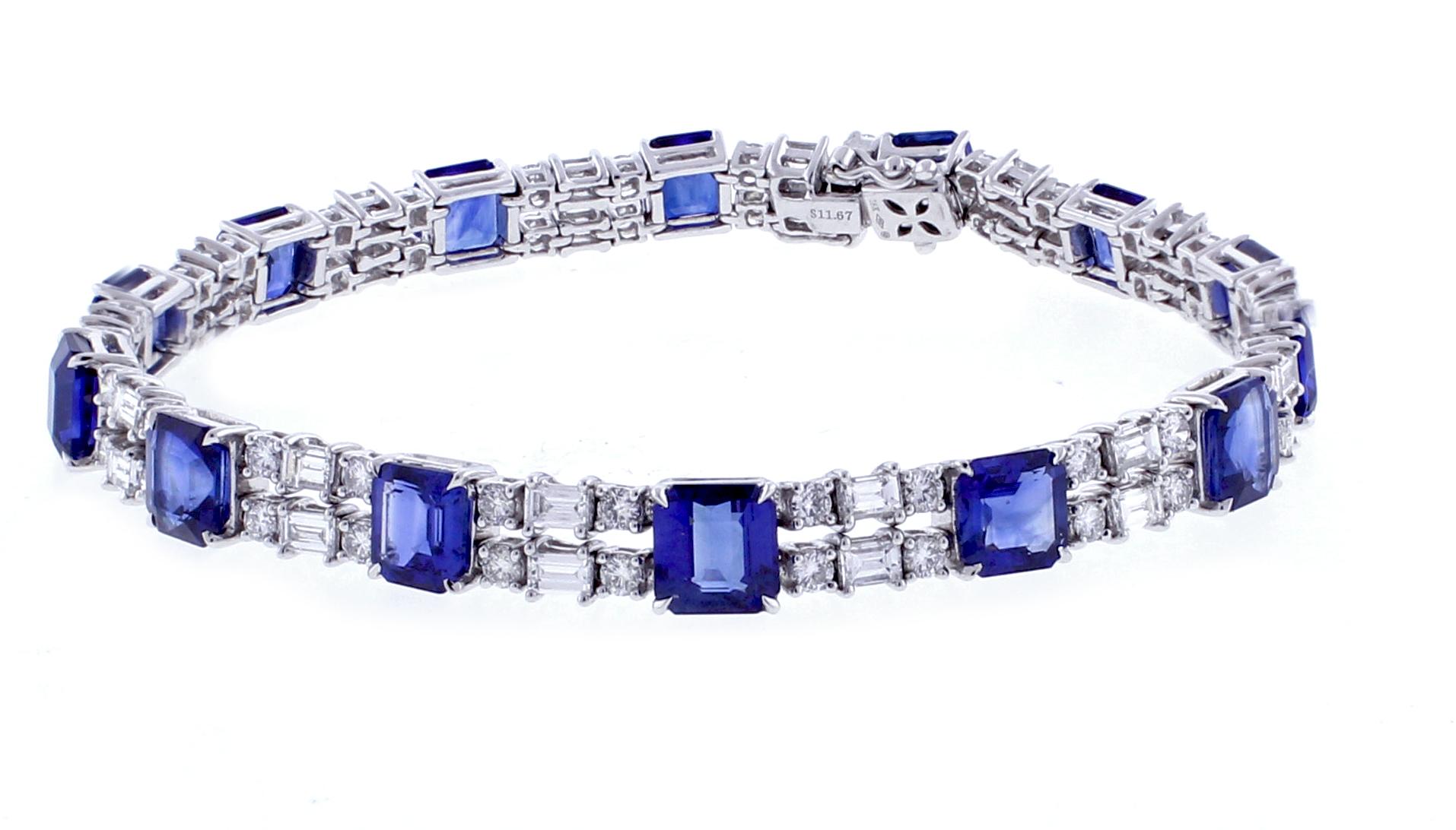 A stunning sapphire and diamond bracelet.  The bracelet is comprised of a two rows of alternating baguette diamonds and round diamonds with 15 square cut sapphires. The 15 sapphire weigh 11.68 and the 84 diamonds weigh approximately  3.20 carats/