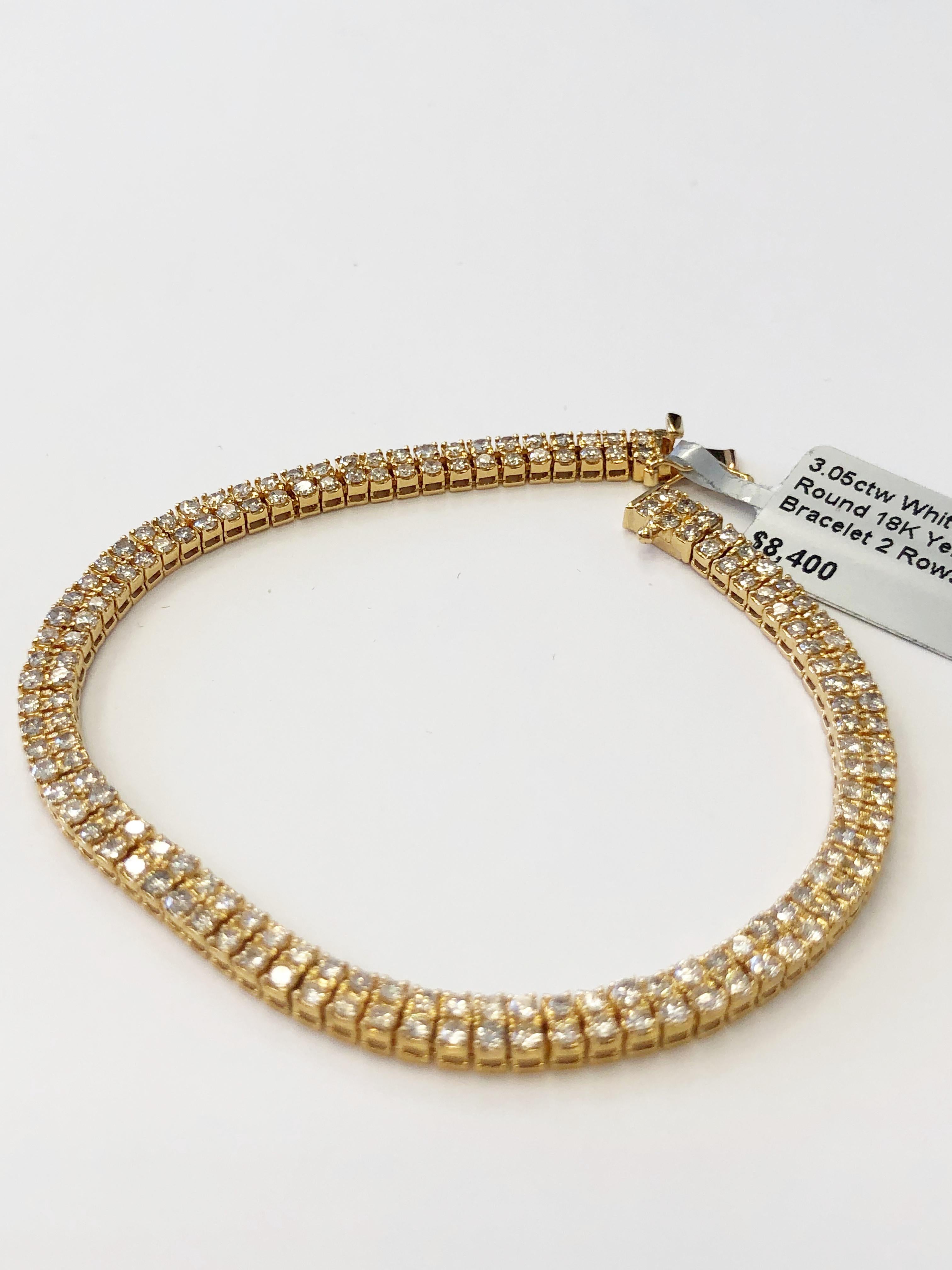 This gorgeous bracelet has two rows of good quality, bright and white diamond rounds weighing 3.05 carats. Handmade 18k yellow gold mounting that is both flexible and dainty.  Length of bracelet is 7.5 inches.  Perfect for stacking or wearing on