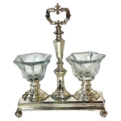 Antique Double Salt Cellar in Crystal and Sterling Silver