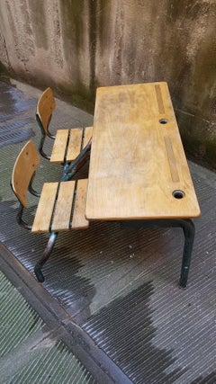Mid-20th Century French Wooden and Metal Double School Bench, 1950