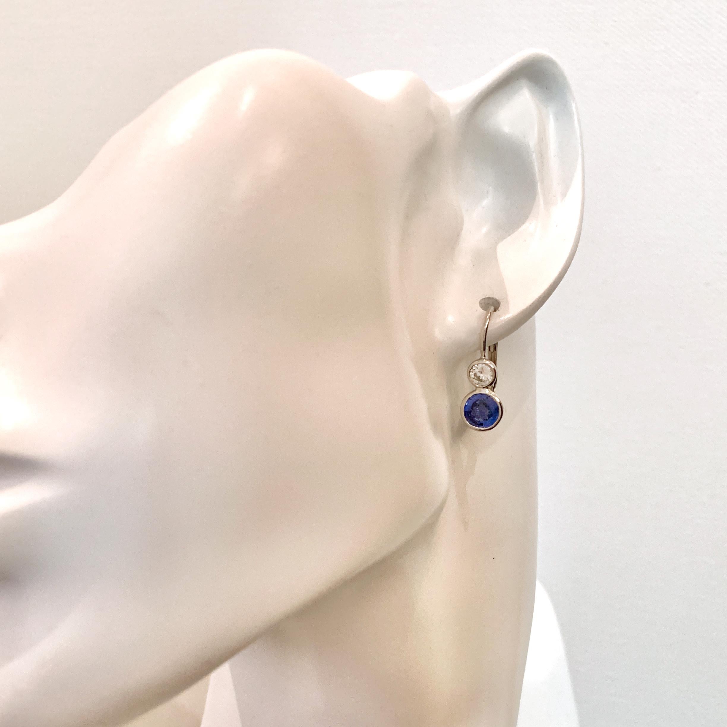 Simple and elegant, these 14 karat white gold drop earrings were handcrafted in 2020 by Eytan Brandes to show off a pair of cornflower blue Ceylon sapphires.

The mixed cut sapphires are 0.65 carats each and have not been treated, other than
