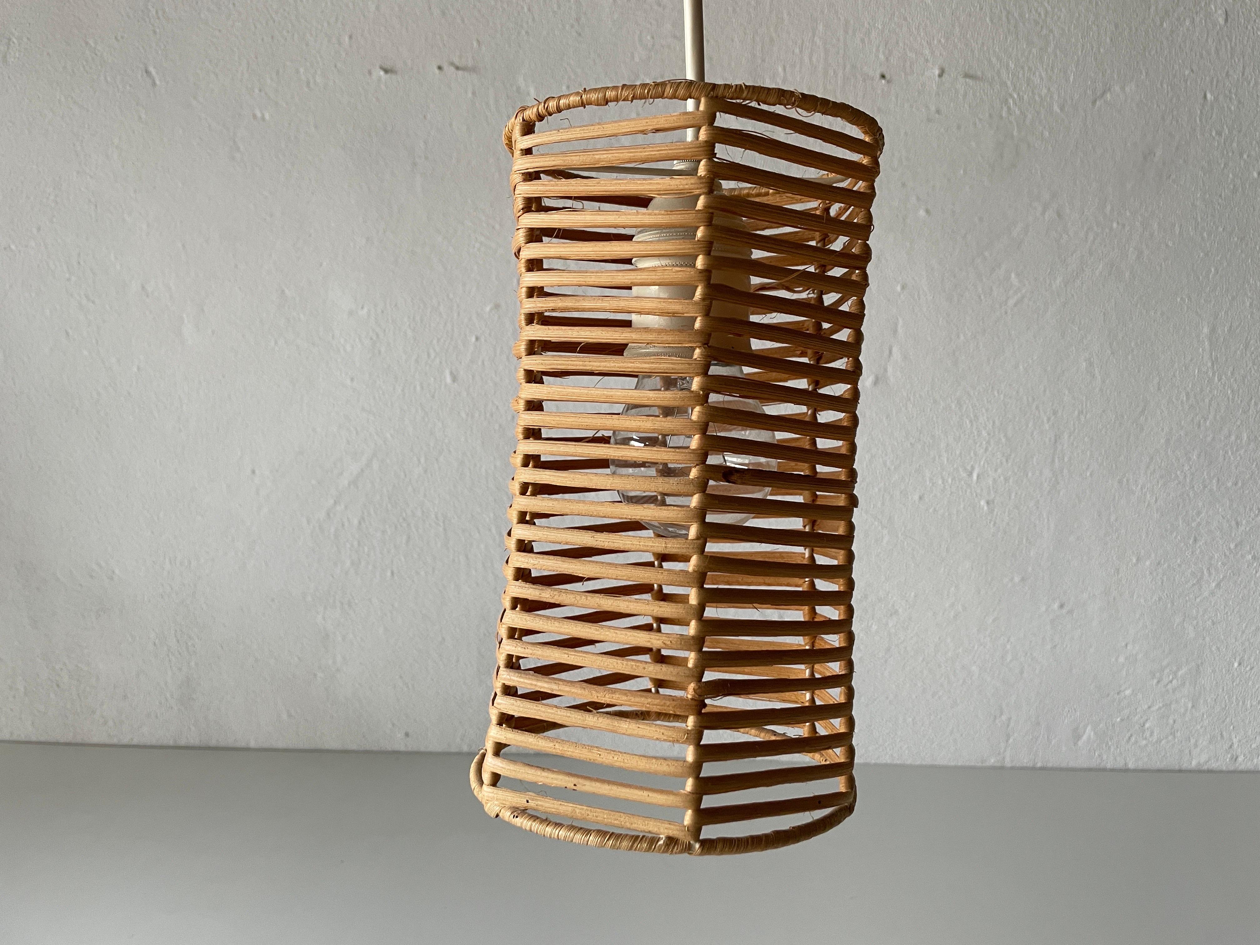 Mid-Century Modern Double Shade Wicker and Wood Pendant Lamp, 1960s, Germany For Sale