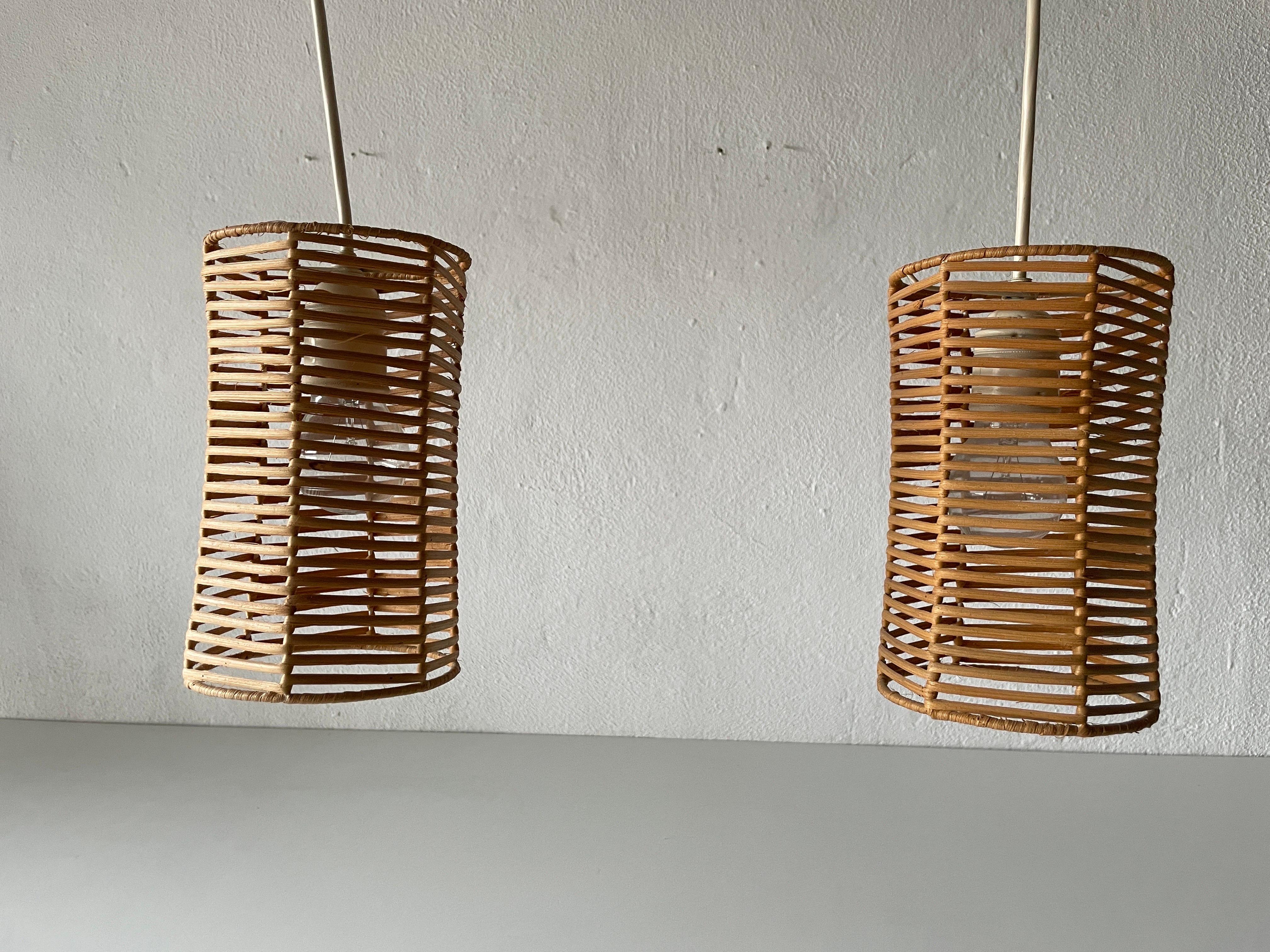 Mid-20th Century Double Shade Wicker and Wood Pendant Lamp, 1960s, Germany For Sale