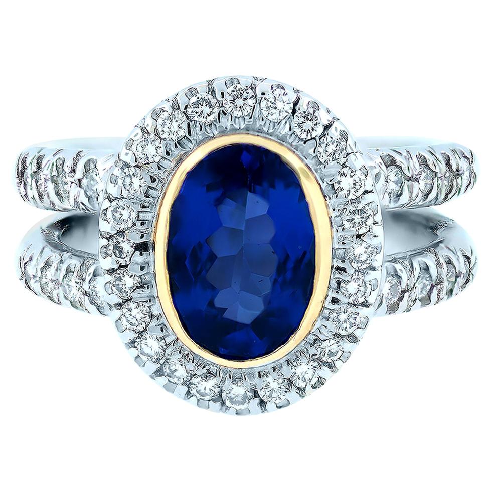 Double Shank Tanzanite and Diamond Pave Solitaire Ring, 14 Karat White Gold