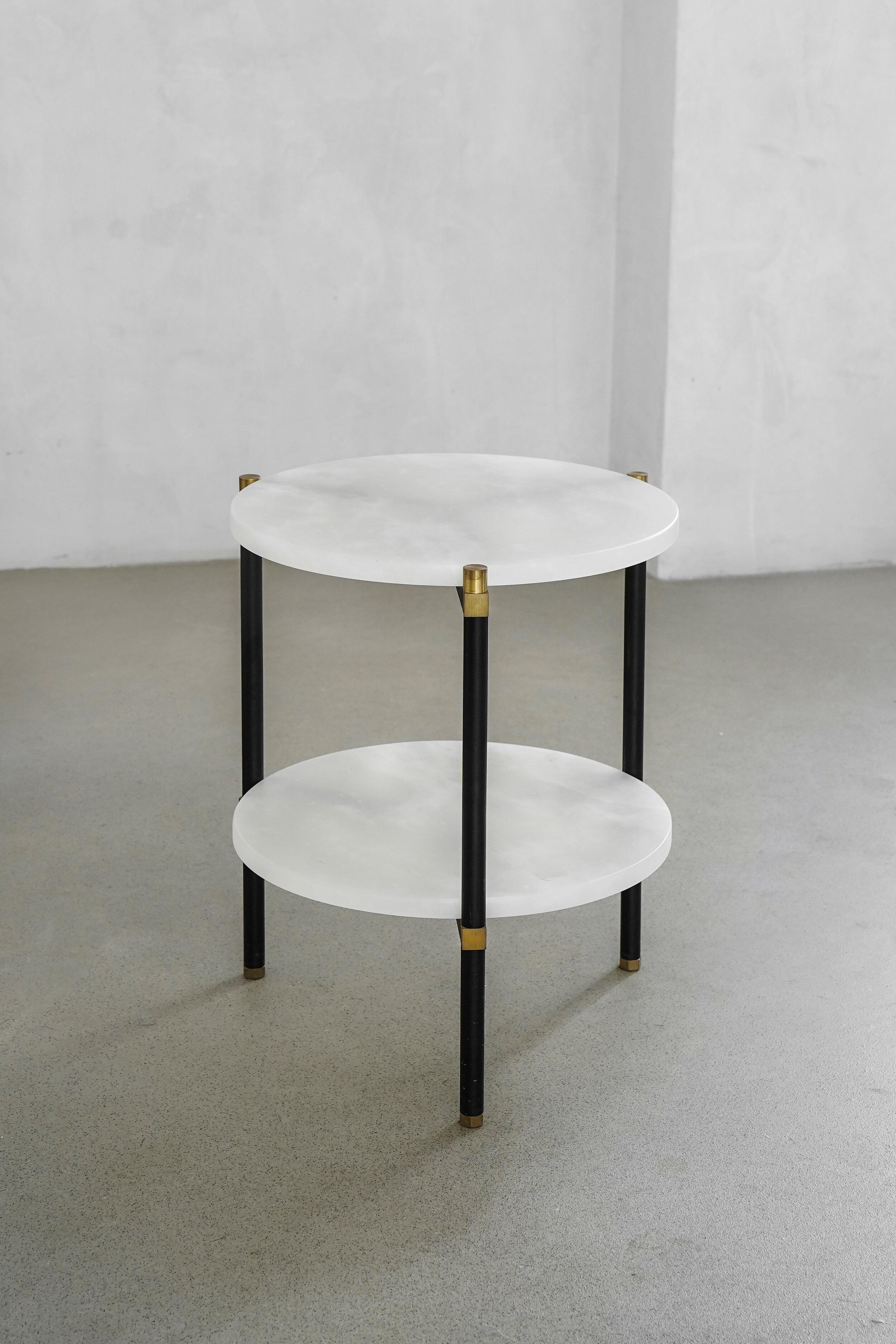 Double side table 40 3 legs by Contain
Dimensions: D 40 x H 51 cm 
Materials: Iron, brass, Terrazzo, marble, stone.
Available in different finishes and dimensions.

The Connector furniture collection is based on single assembly pieces that get
