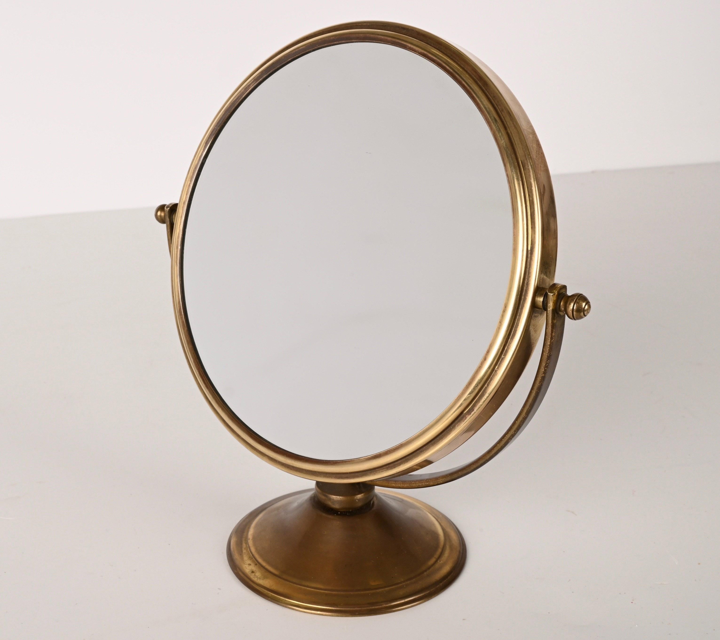 20th Century Double-Sided Adjustable and Magnified Brass Vanity Italian Table Mirror, 1970s