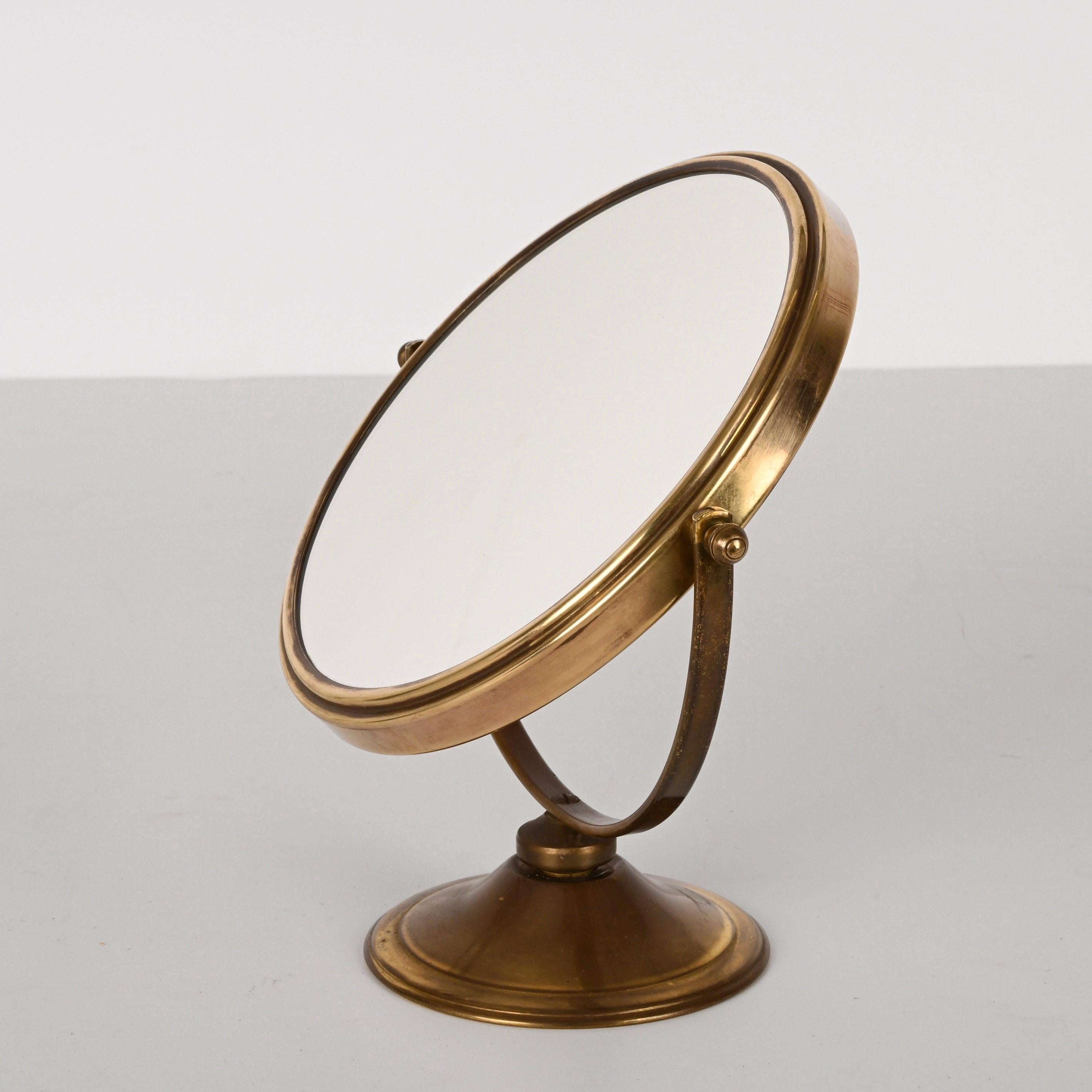 Double-Sided Adjustable and Magnified Brass Vanity Italian Table Mirror, 1970s 1