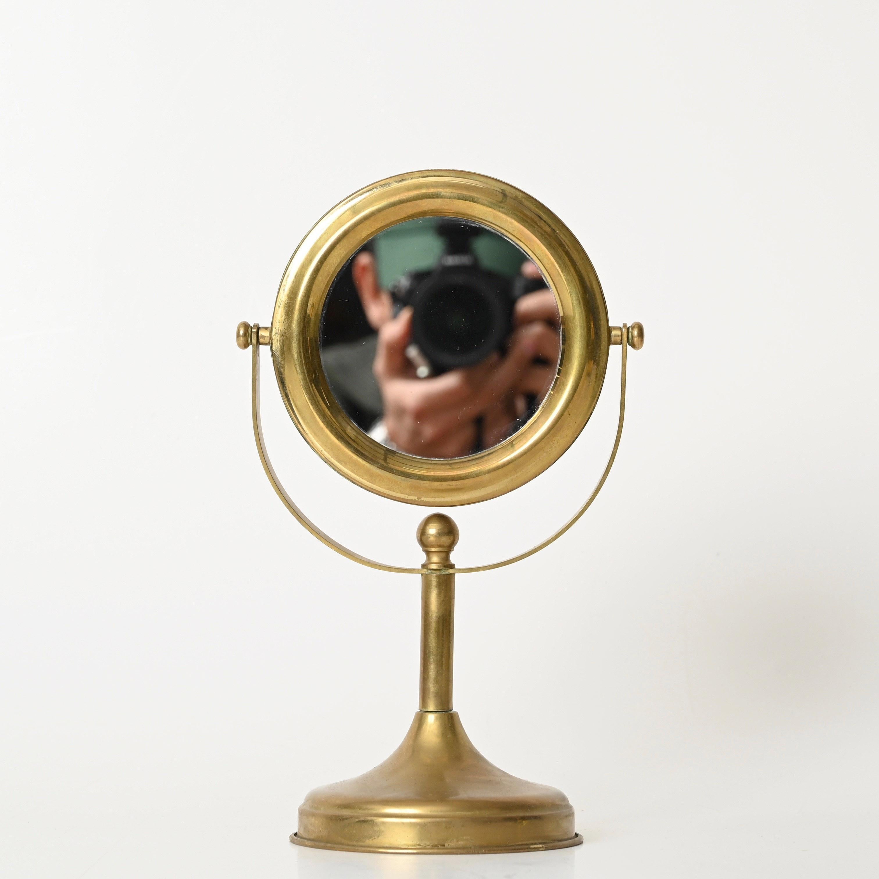 Hand-Crafted Double-Sided Adjustable Italian Brass Table Magnified Vanity Mirror, 1950s For Sale