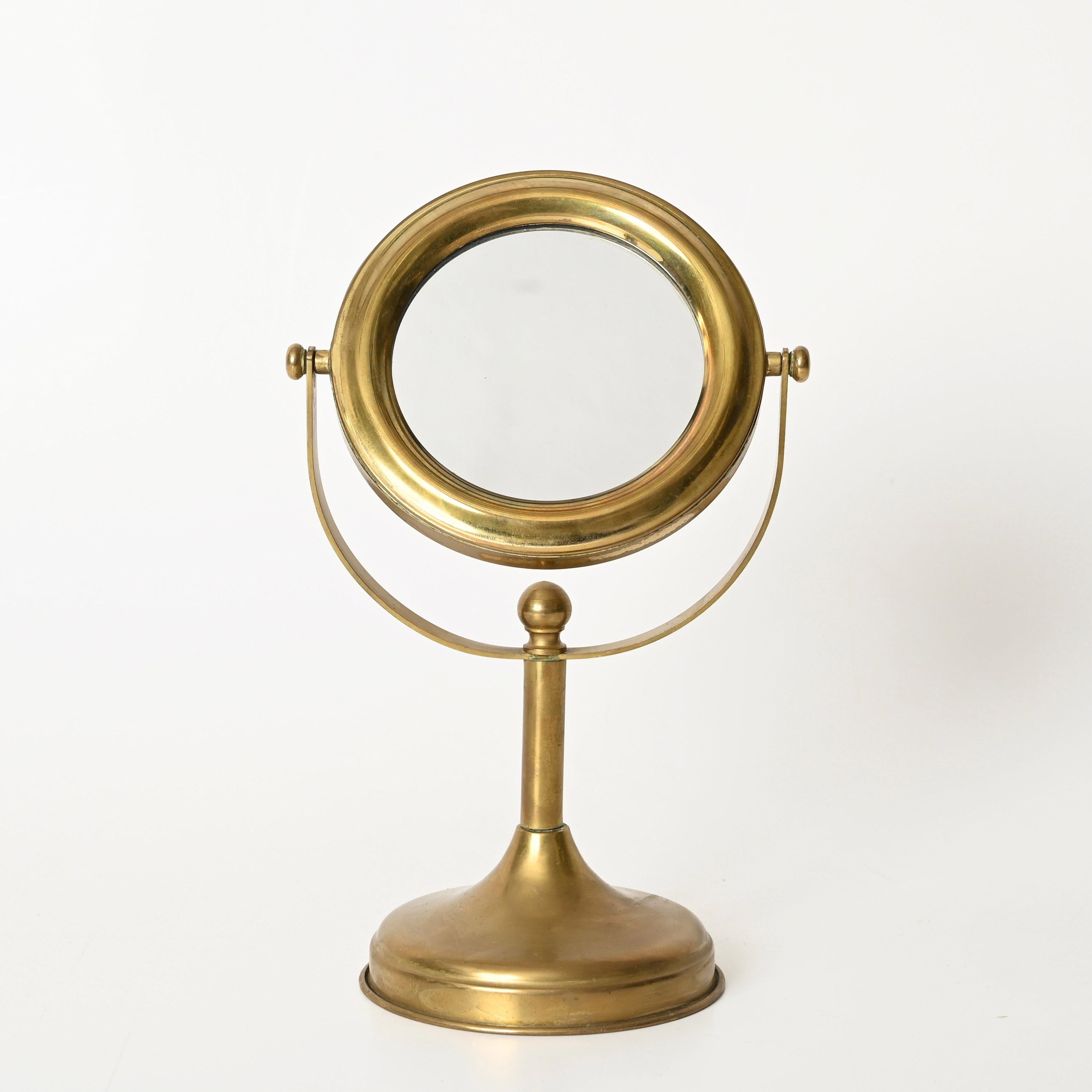 Double-Sided Adjustable Italian Brass Table Magnified Vanity Mirror, 1950s For Sale 2