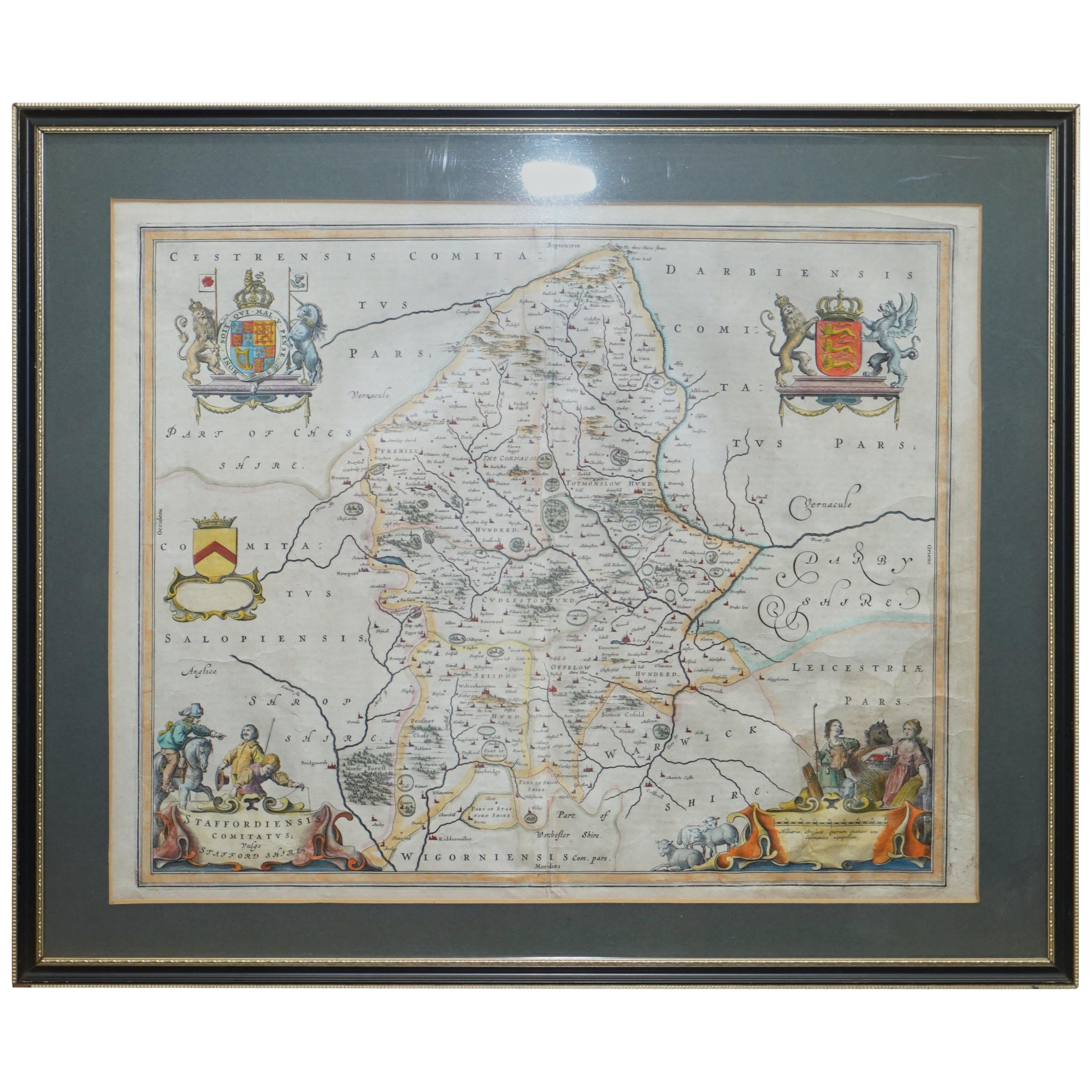 Carte du Cheshire 1645, double face et émaillée, colorée à la main, imprimée à l'ancienne, trouvaille rare en vente