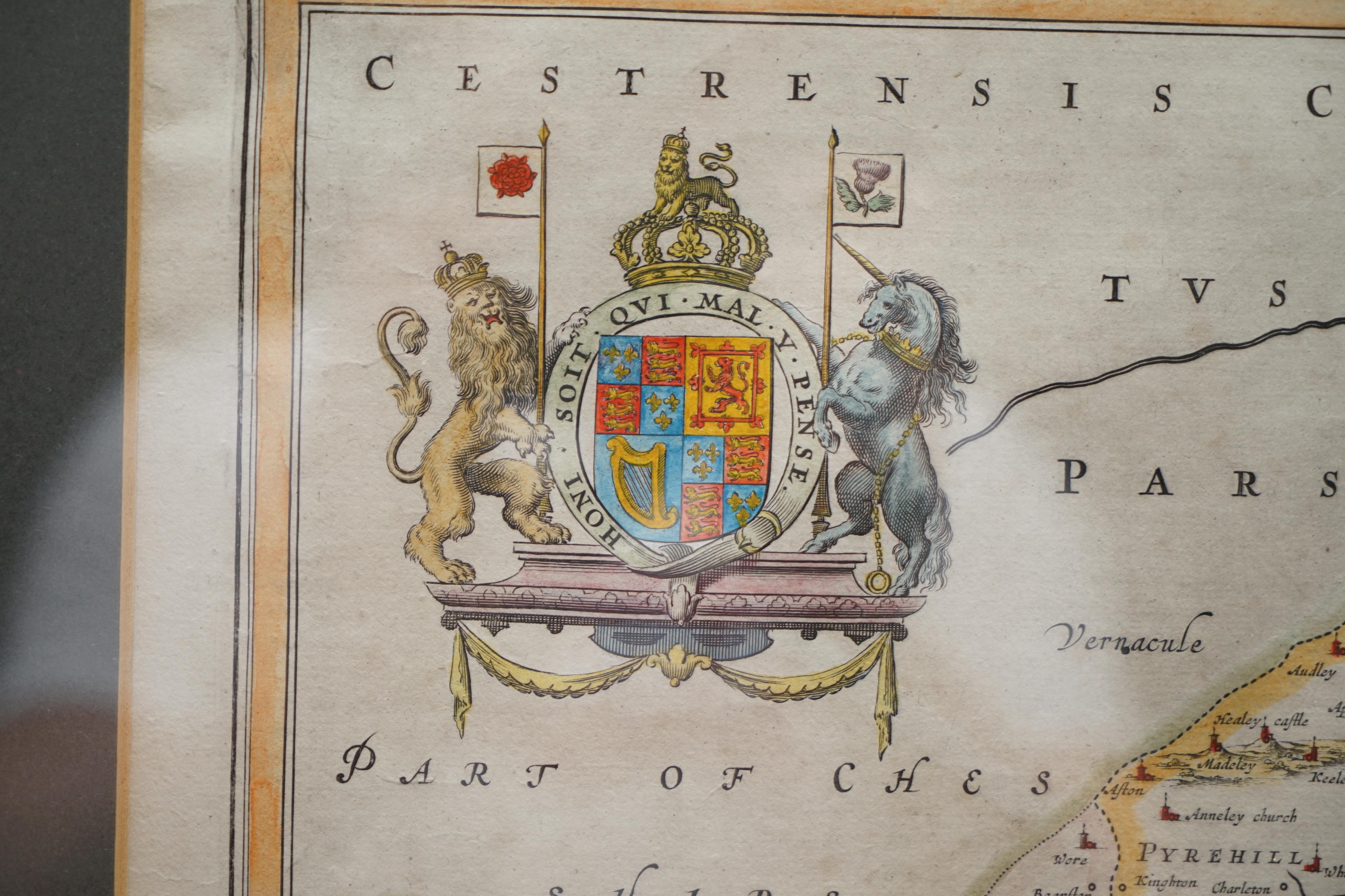 Georgien Carte du Cheshire 1645, double face et émaillée, colorée à la main, imprimée à l'ancienne, trouvaille rare en vente