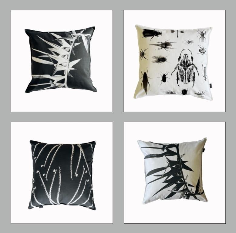 Double-Sided Black / White Pillow w/ Tropical Plant Images made in South Africa In New Condition For Sale In Scottsdale, AZ