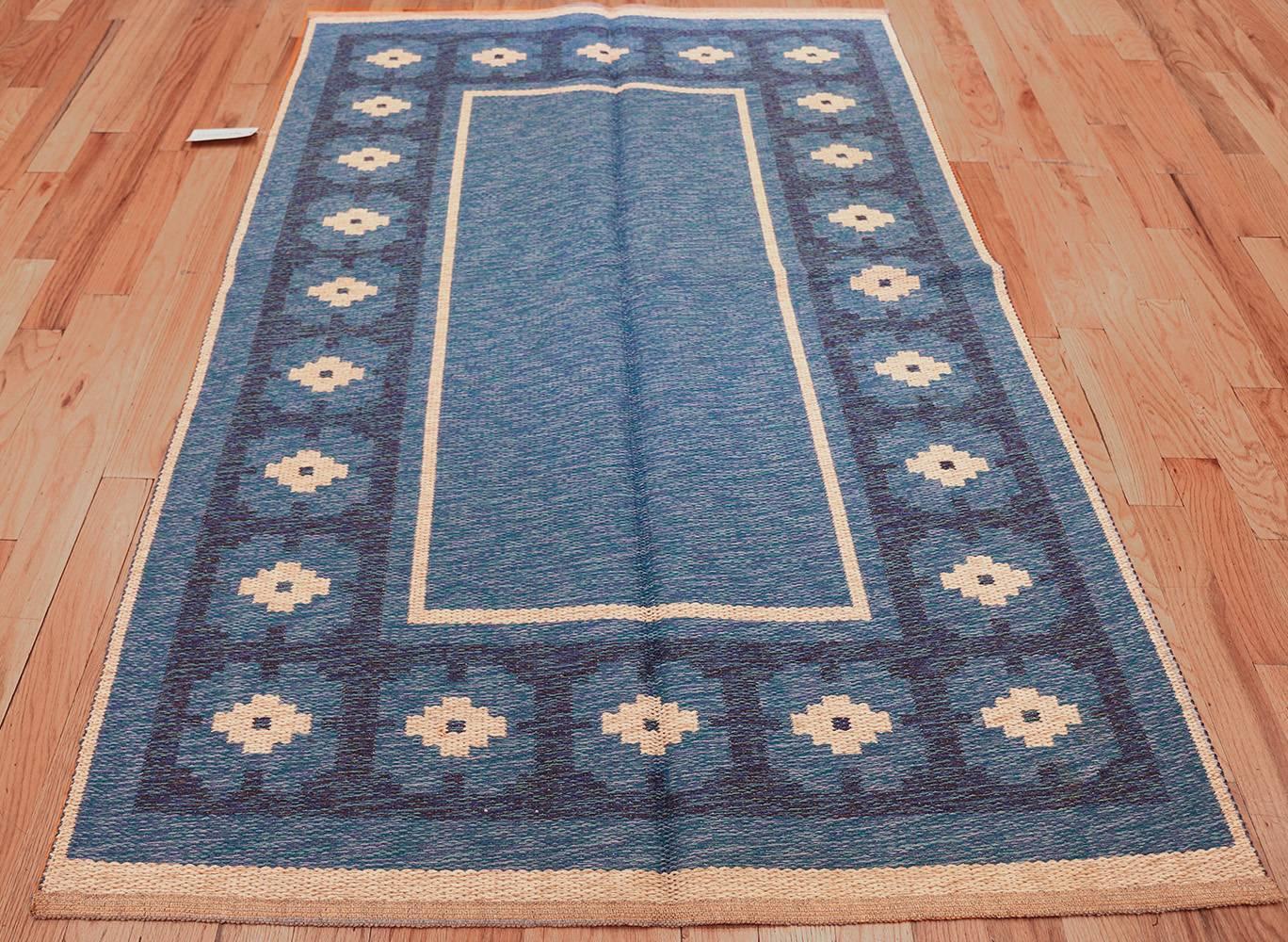 Mid-Century Modern Double-Sided Blue Vintage Swedish Kilim. Size: 4 ft 6 in x 6 ft 8 in 