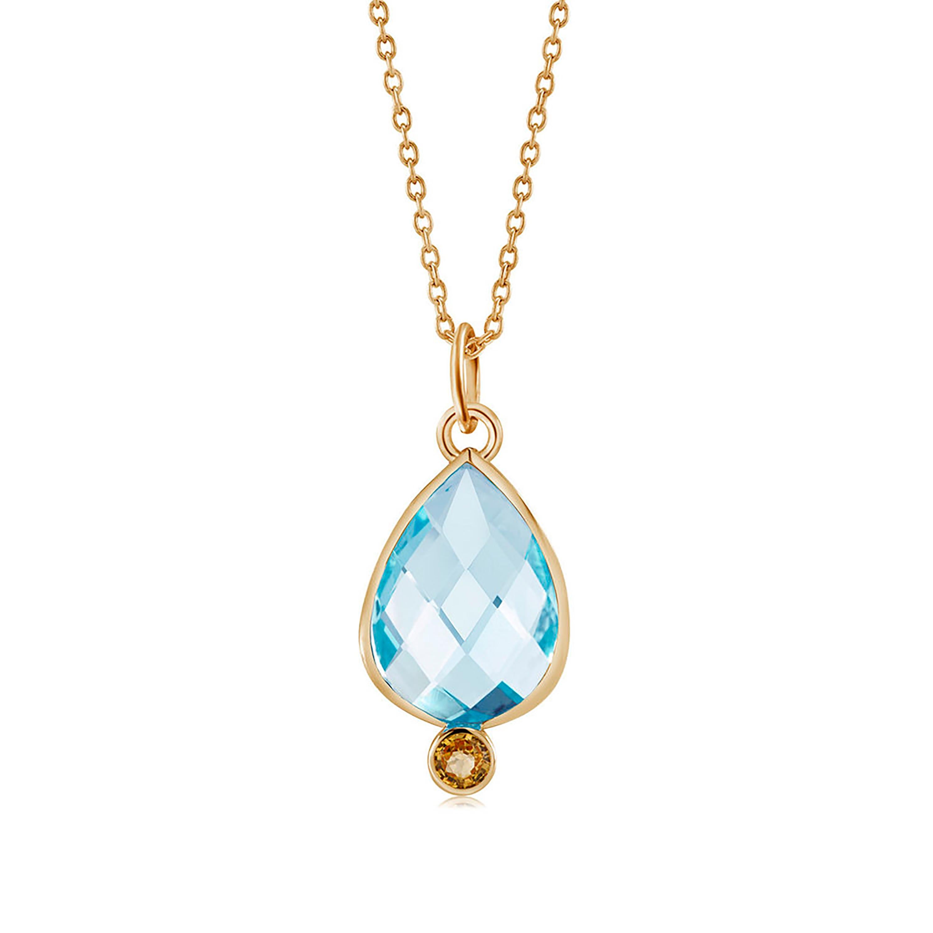 Contemporary Double Sided Briolette Blue Topaz Silver Pendant Necklace Yellow Gold-Plated