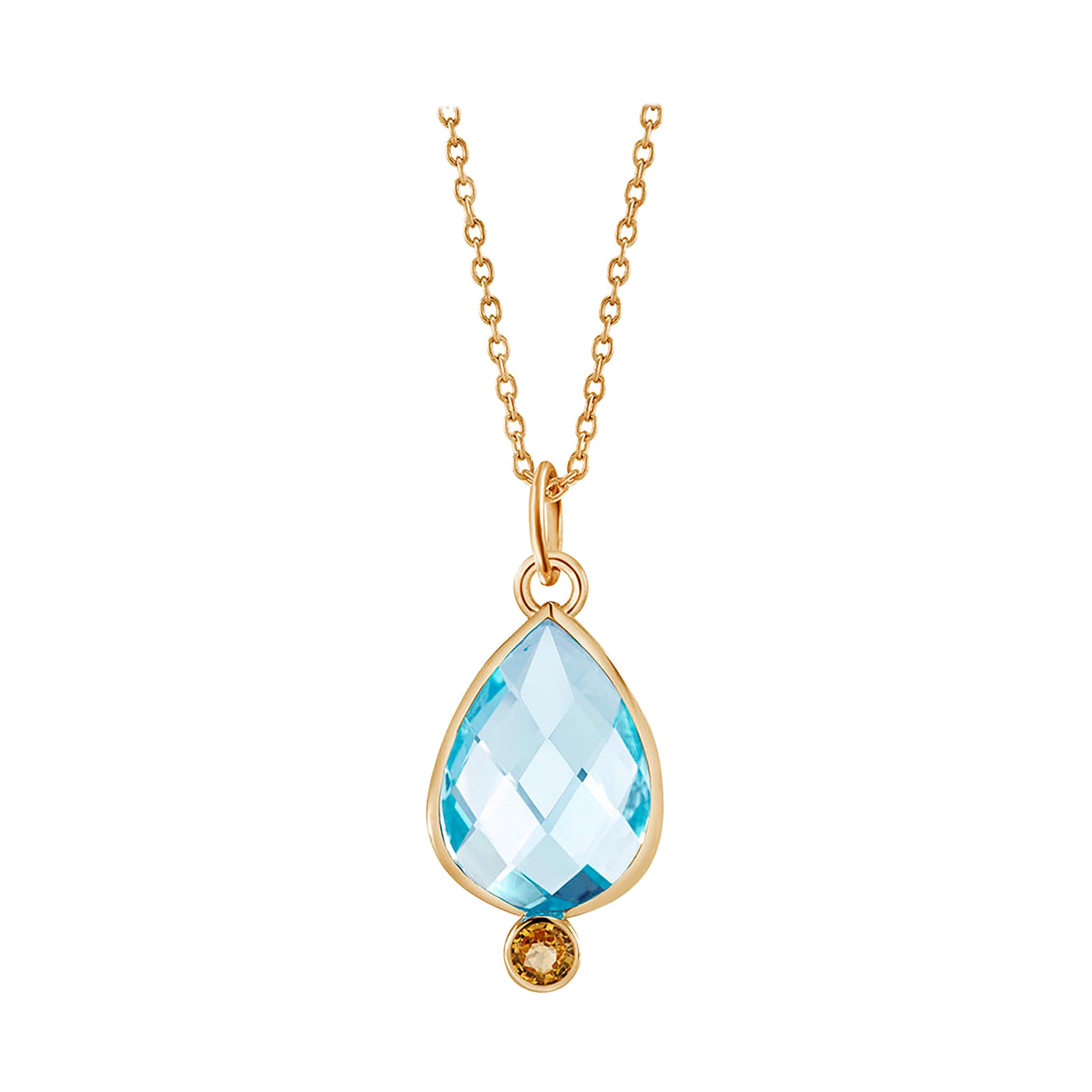 Double Sided Briolette Blue Topaz Silver Pendant Necklace Yellow Gold-Plated
