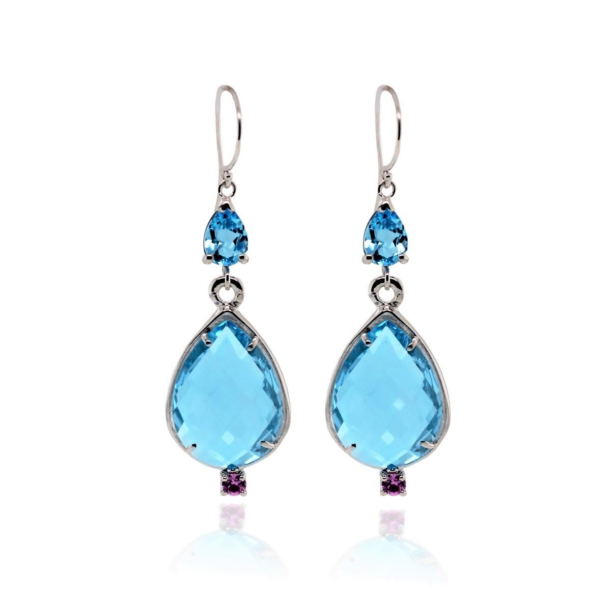 Contemporary Double Sided Briolette Blue Topaz White Gold Hoop Earrings