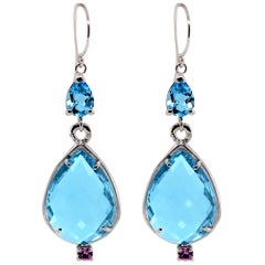 Double Sided Briolette Blue Topaz White Gold Hoop Earrings