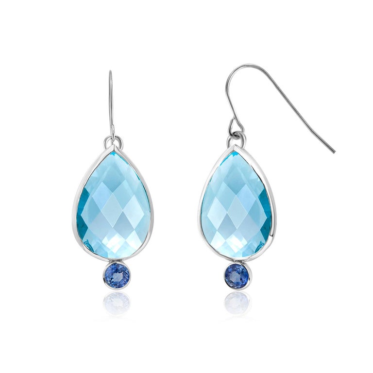 Double Sided Briolette Pear Shape Blue Topaz Bezel Set Silver Hoop Earrings  For Sale at 1stDibs