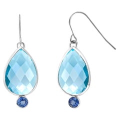 Double Sided Briolette Pear Shape Blue Topaz Bezel Set Silver Hoop Earrings