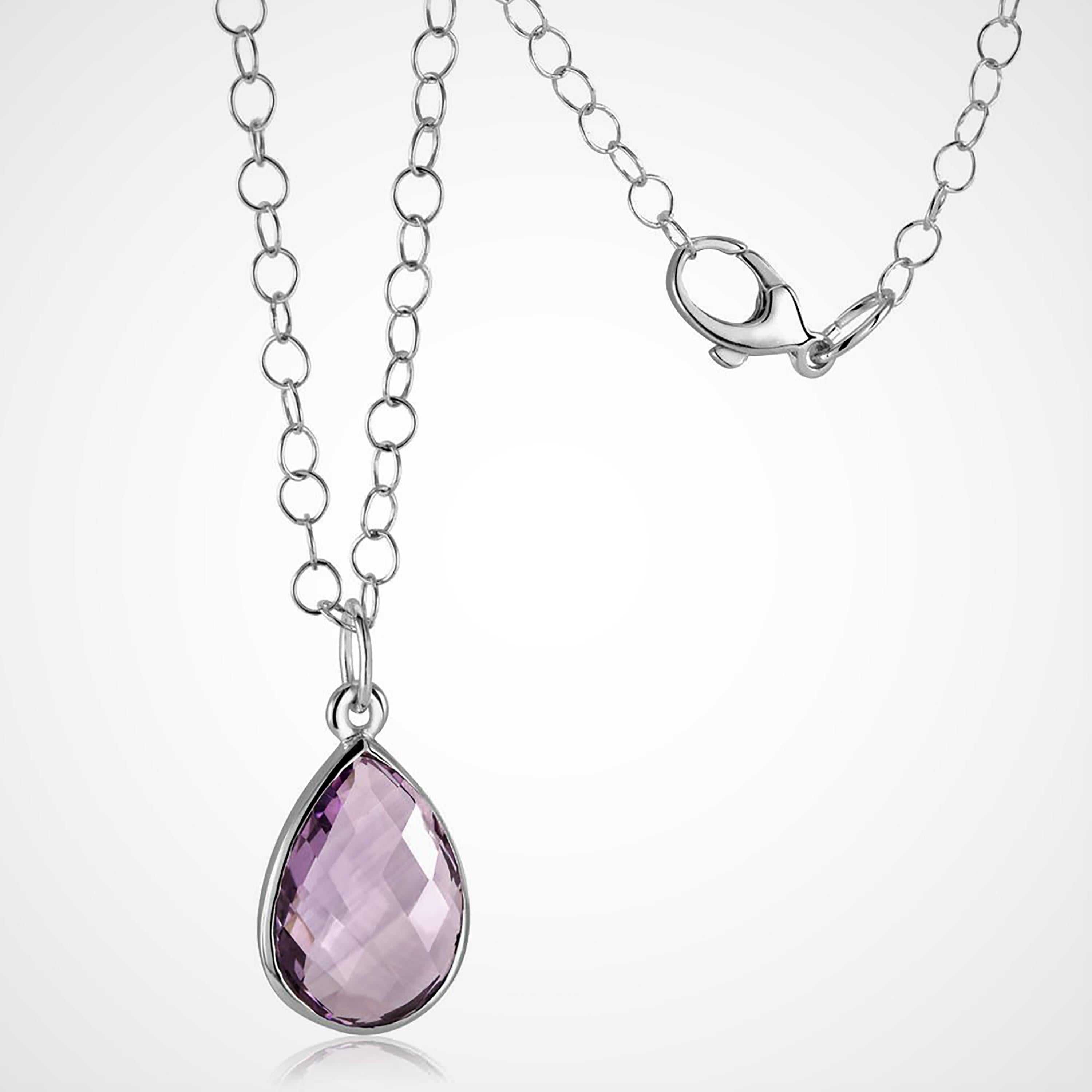 Contemporary Double Sided Briolette Pear Shaped Amethyst Silver Pendant Necklace
