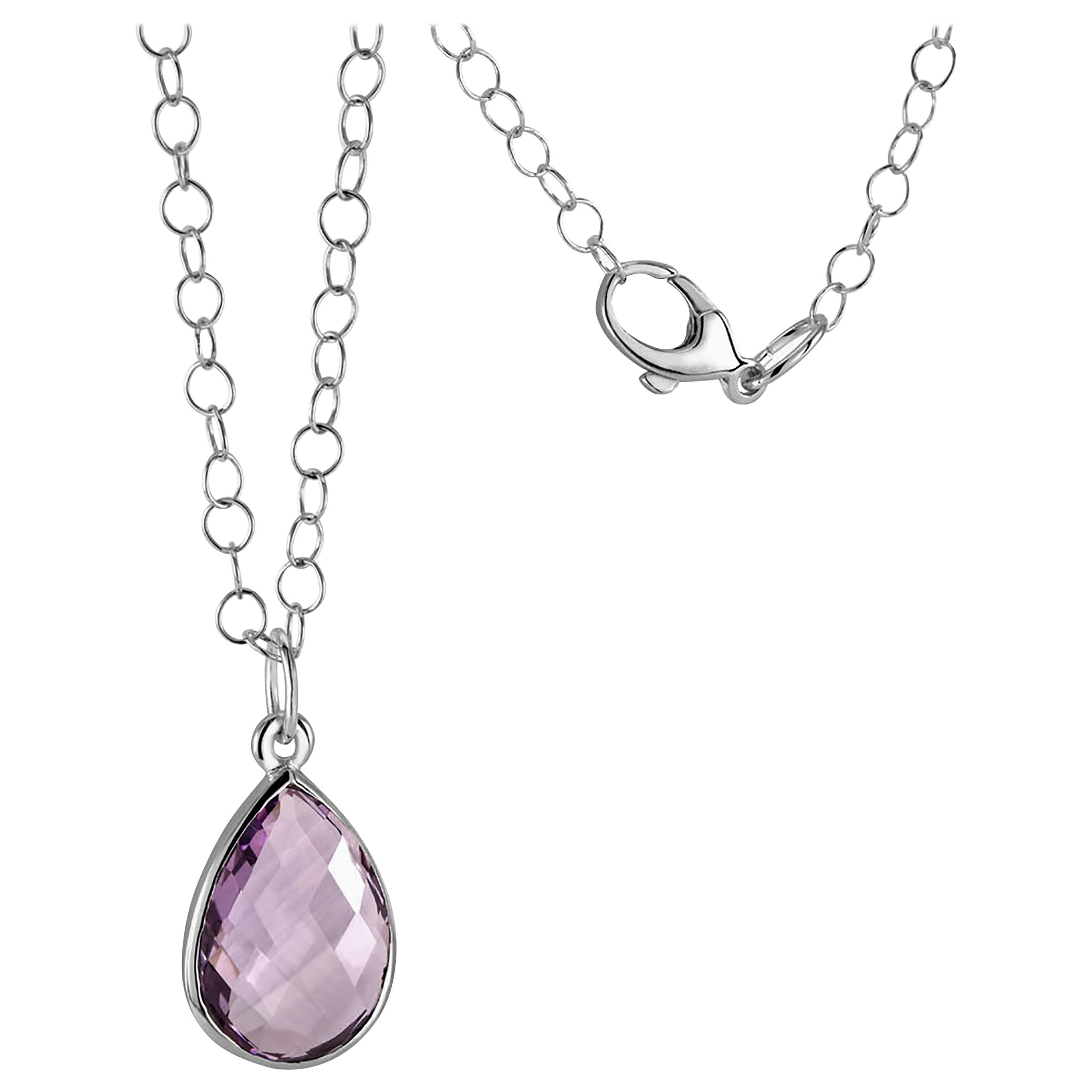 Double Sided Briolette Pear Shaped Amethyst Silver Pendant Necklace