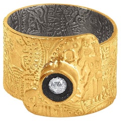 Double Sided Byzantine Coin Romabol Ring with Rose Cut Diamond 24kt Yellow Gold