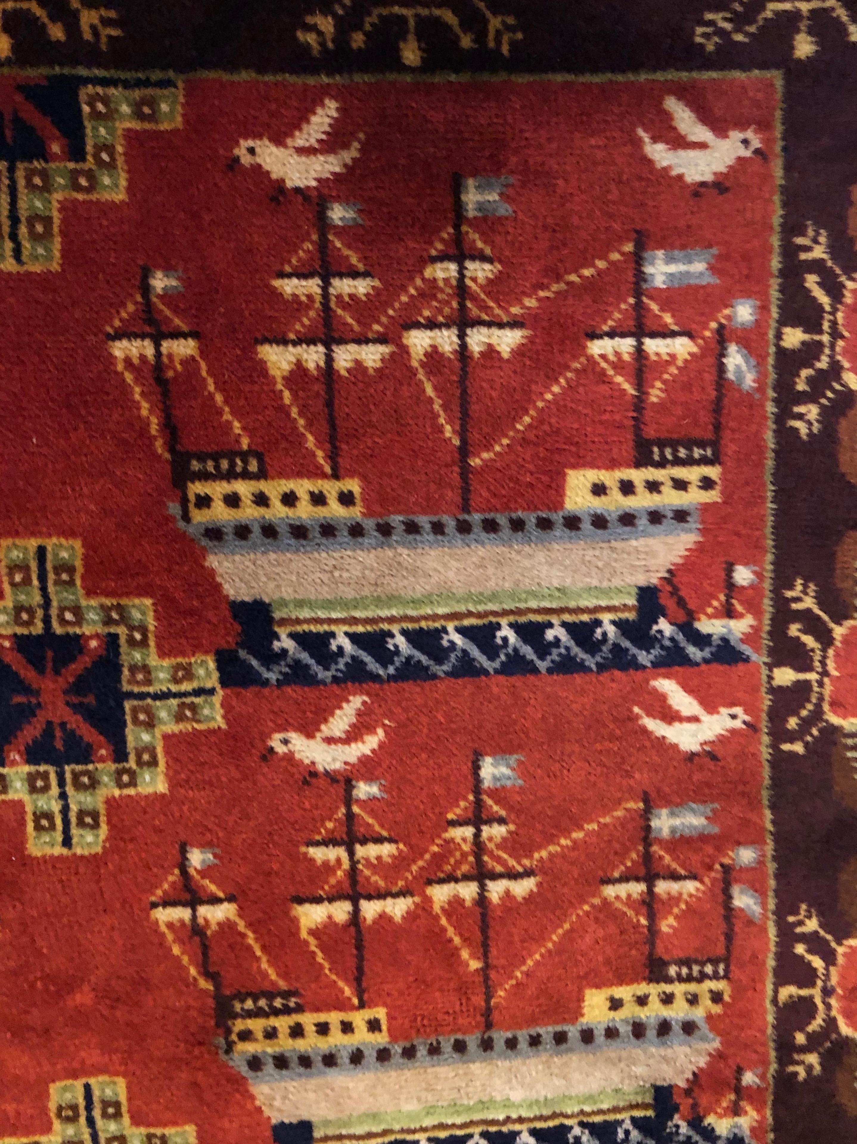 Double Sided Carpet from Scandinavia with Ships and Seagulls For Sale 4