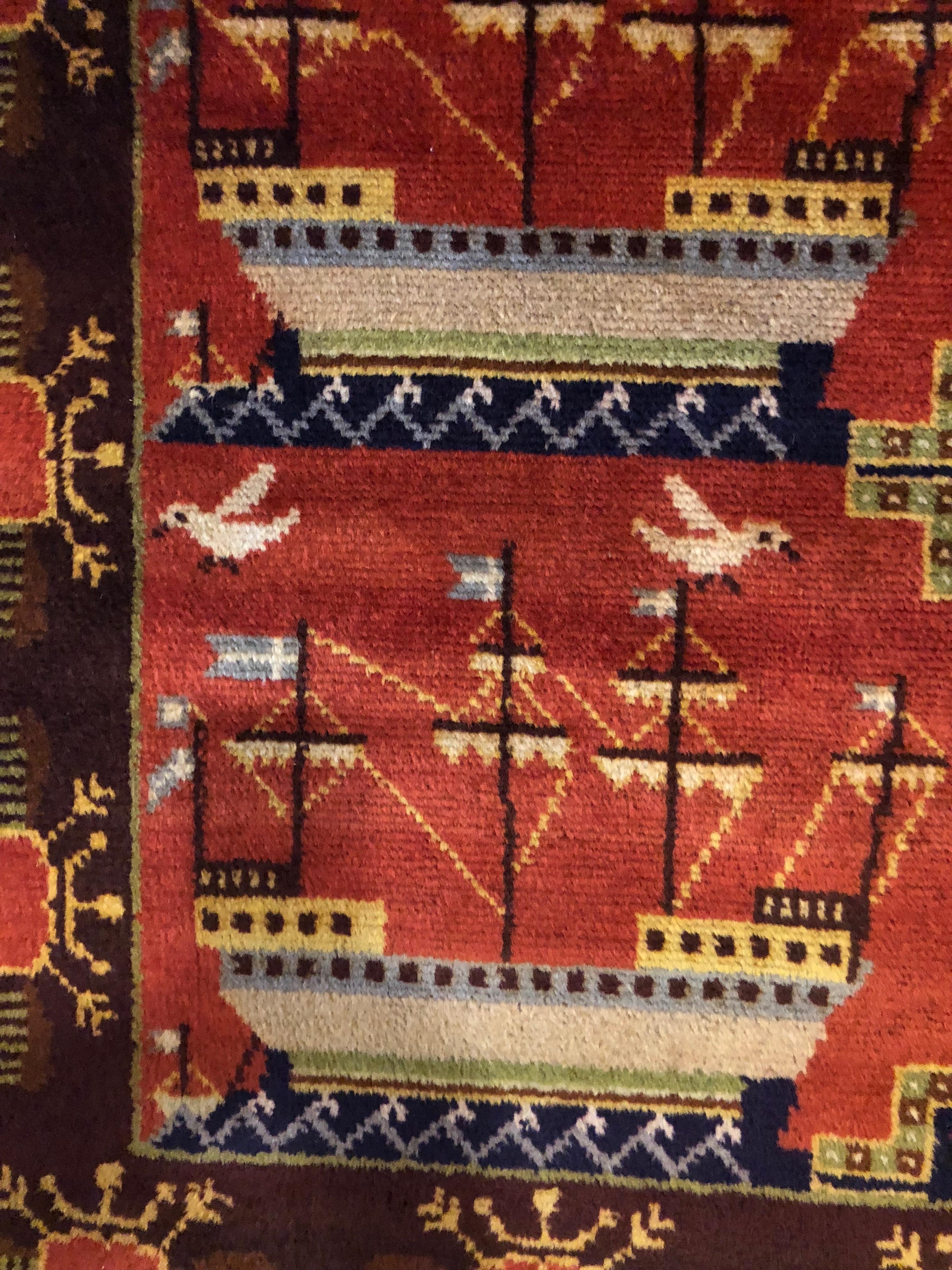 Double Sided Carpet from Scandinavia with Ships and Seagulls For Sale 8