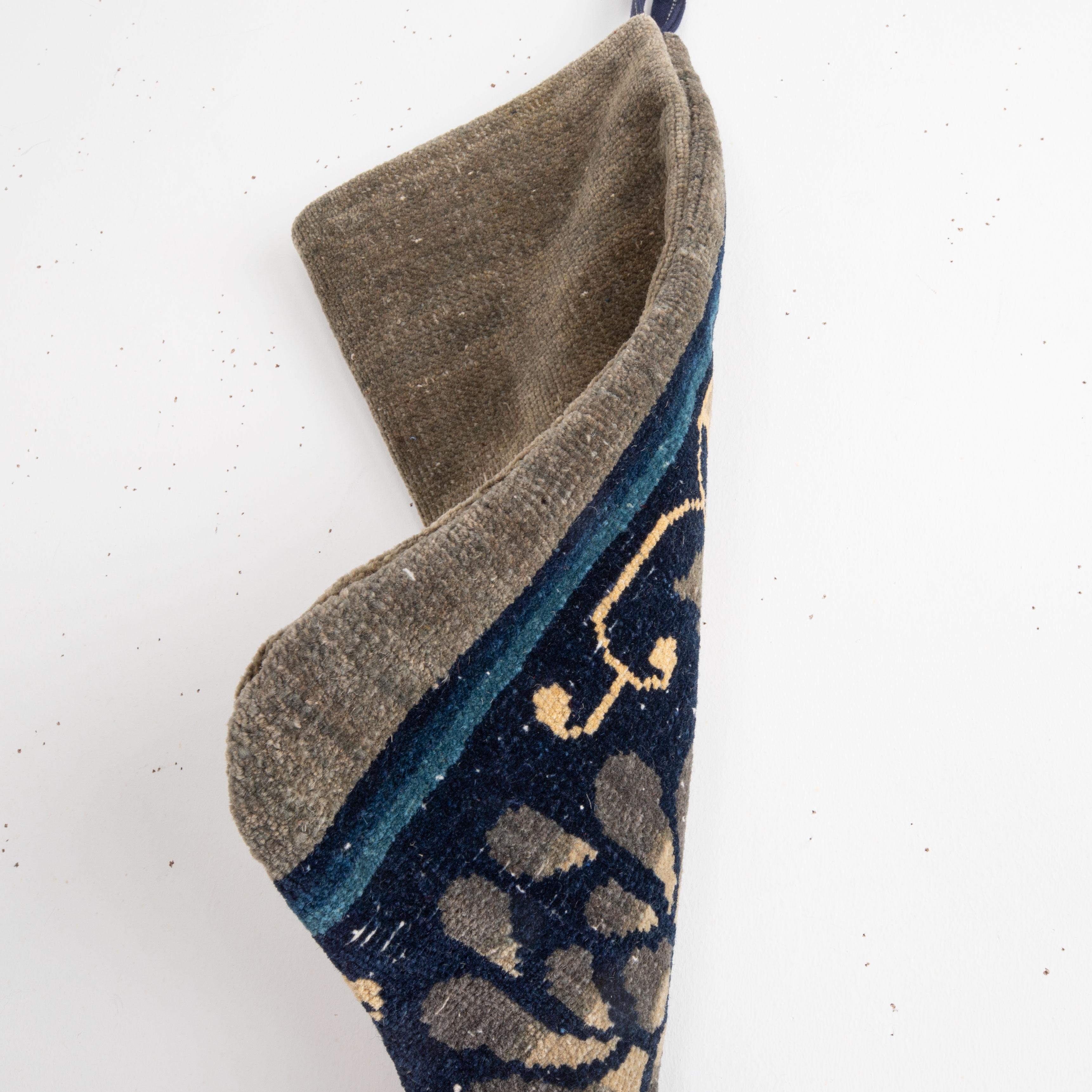 Hand-Woven Double Sided Christmas Stocking Made from Chinese Deco Rug Fragments For Sale