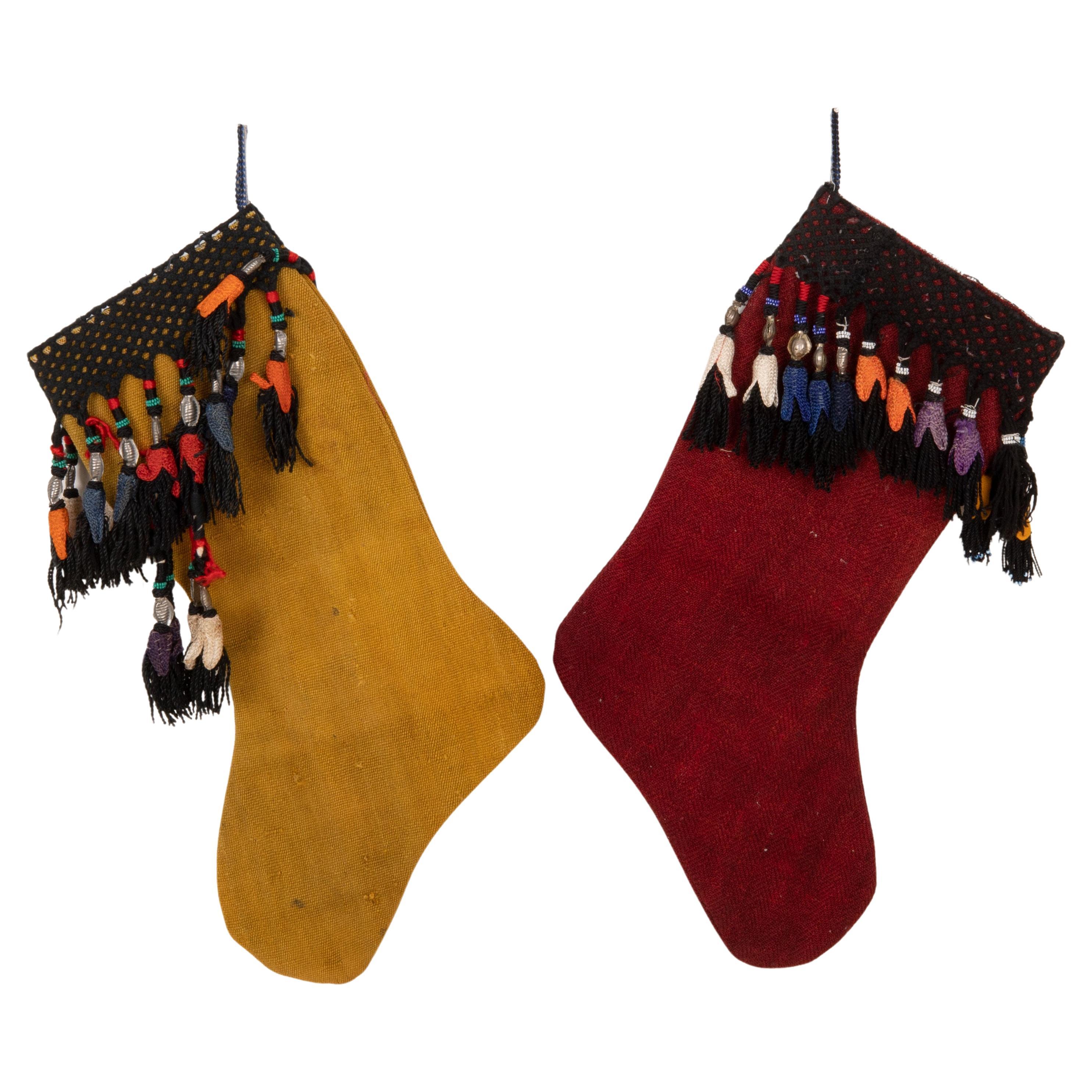 Double Sided Christmas Stockings Made from Vintage Perde Cover Fragments For Sale