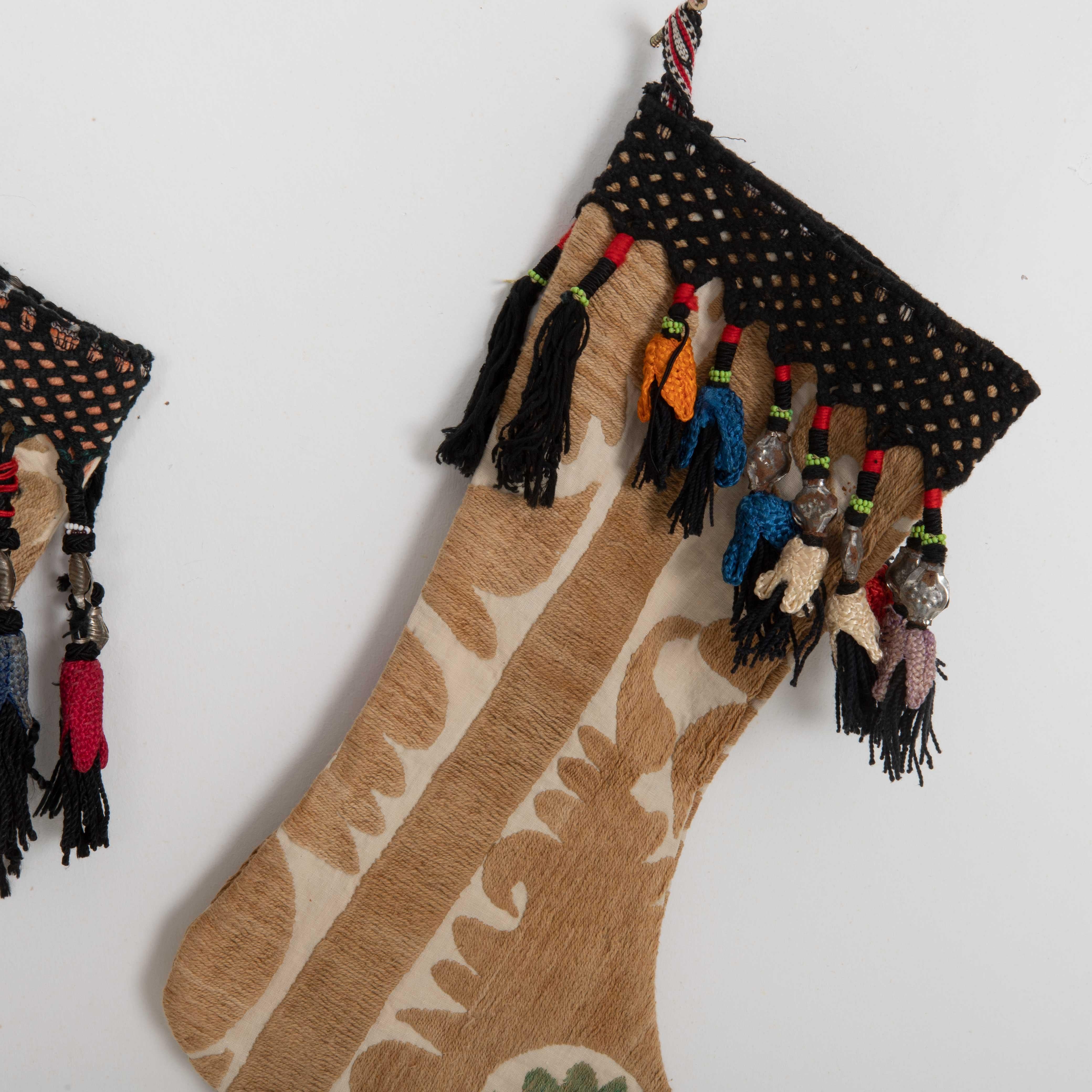 Cotton Double Sided Christmas Stockings Made from Vintage Suzani Fragments For Sale