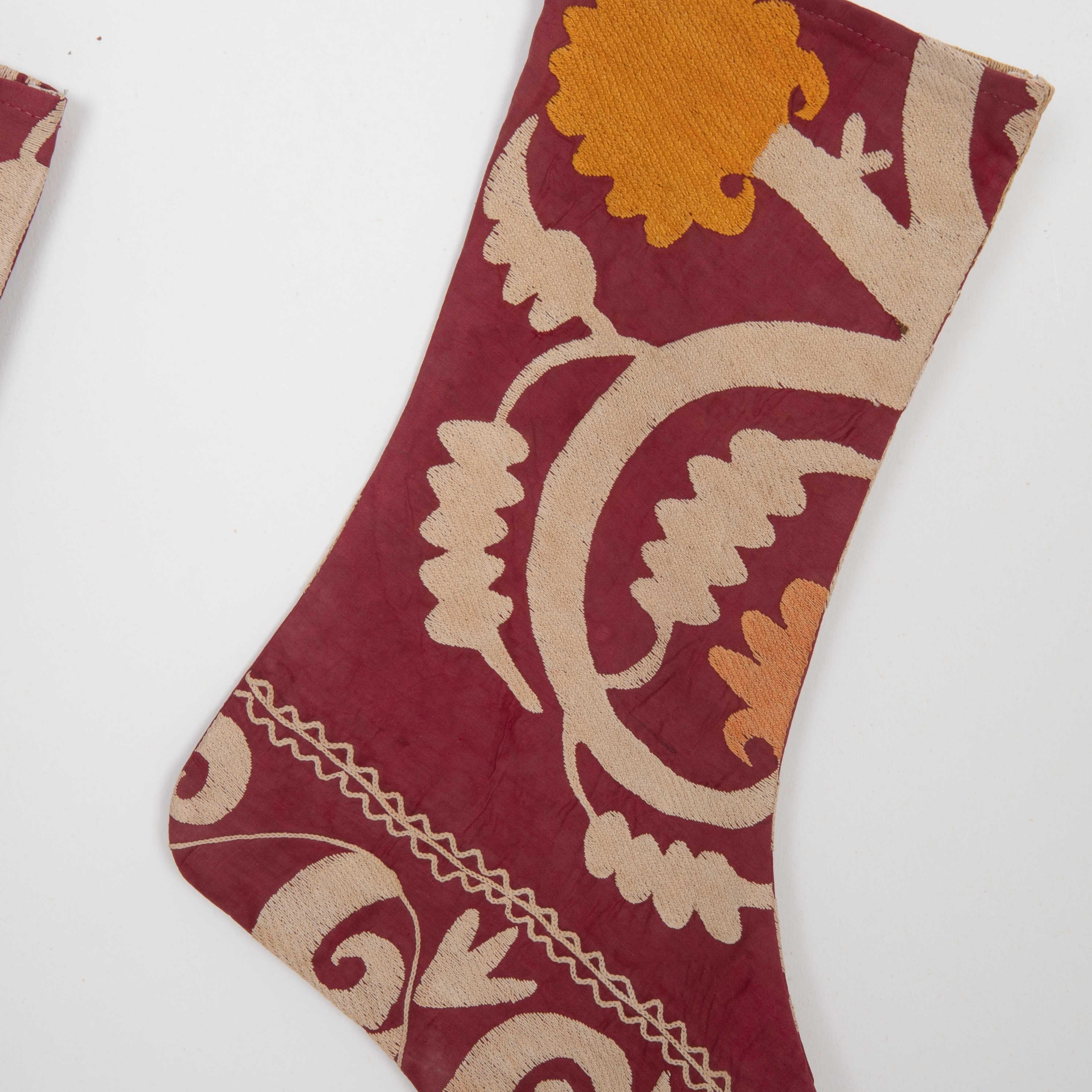 Uzbek Double Sided Christmas Stockings Made from Vintage Suzani Fragments For Sale