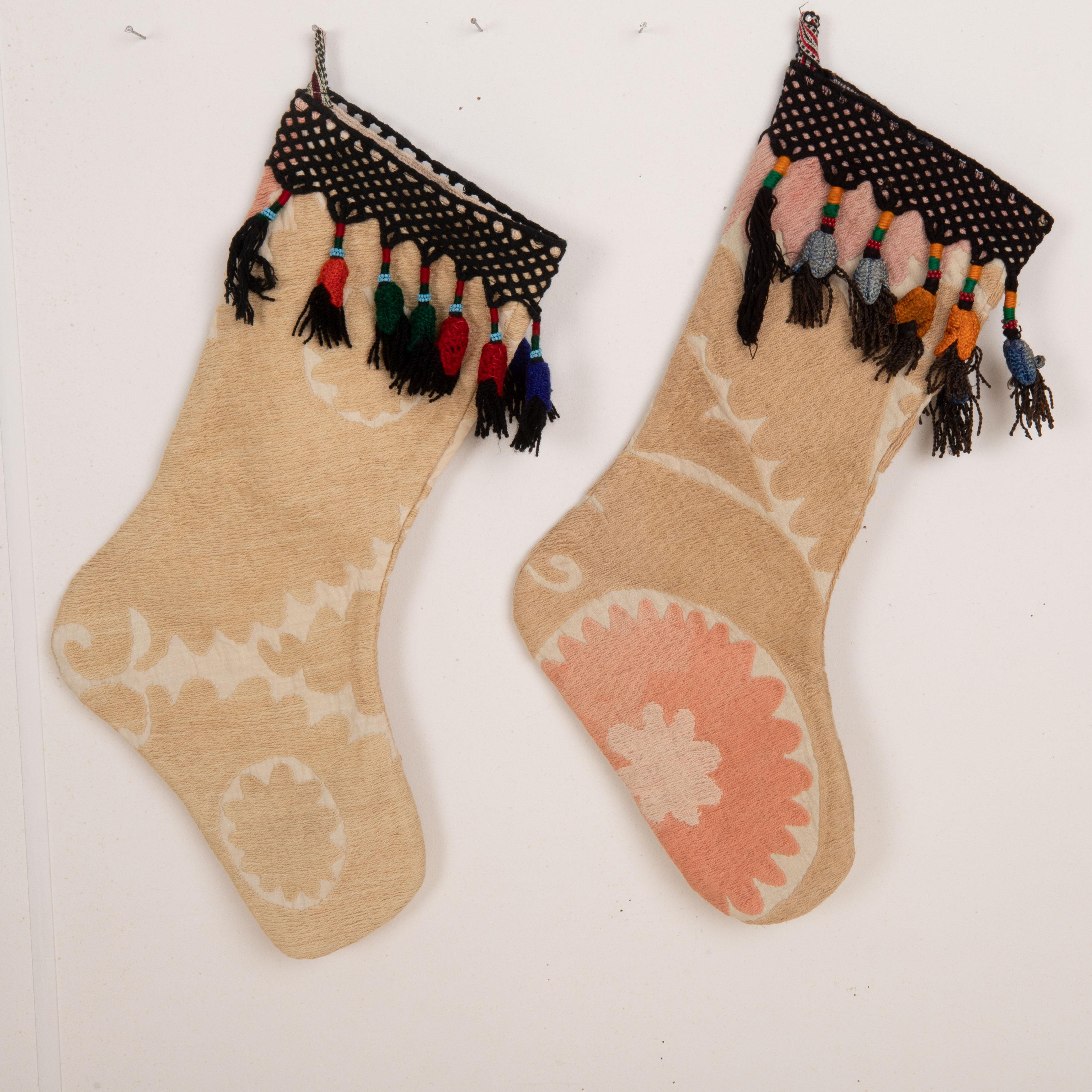 Hand-Crafted Double Sided Christmas Stockings Made from Vintage Suzani Fragments For Sale