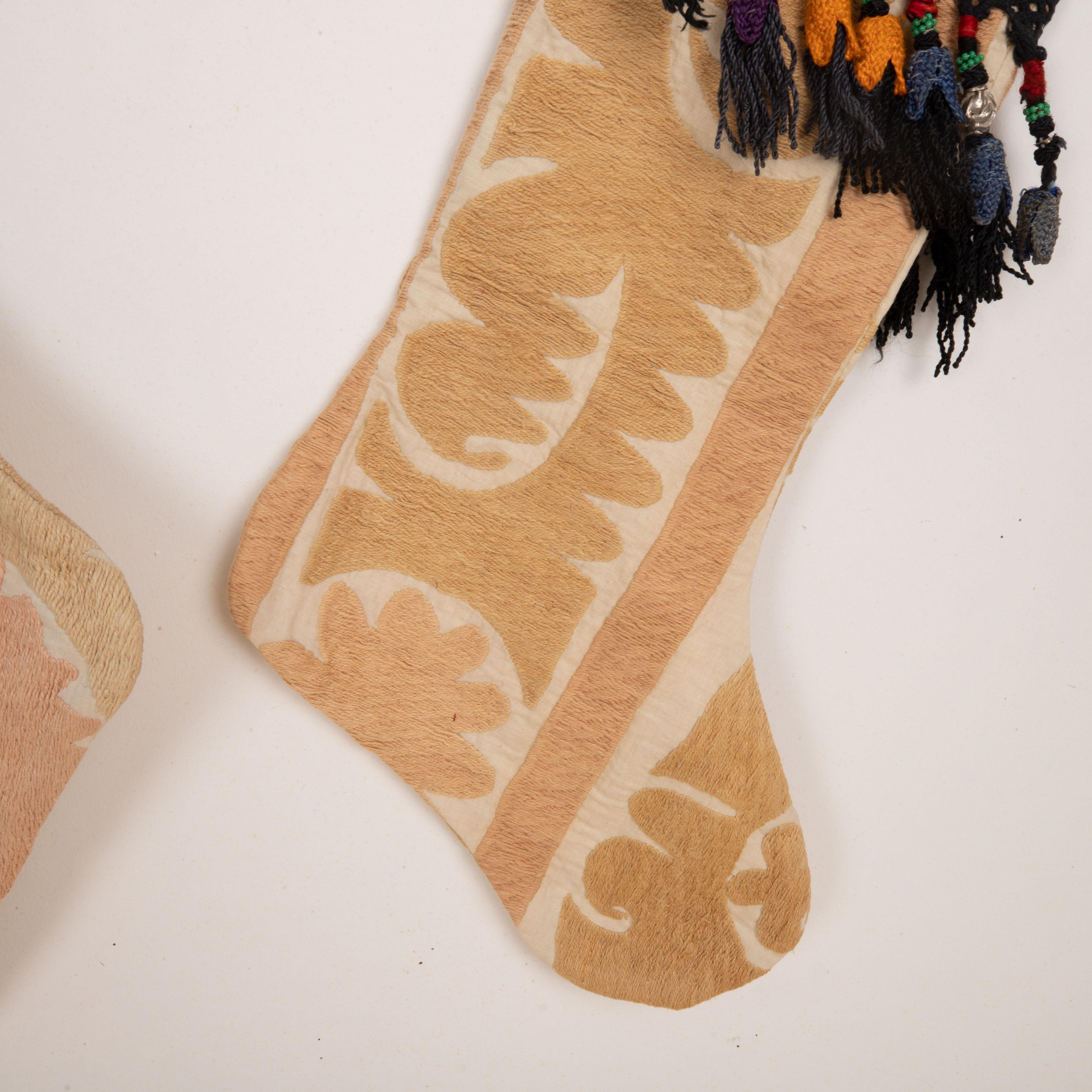 Hand-Crafted Double Sided Christmas Stockings Made from Vintage Suzani Fragments For Sale
