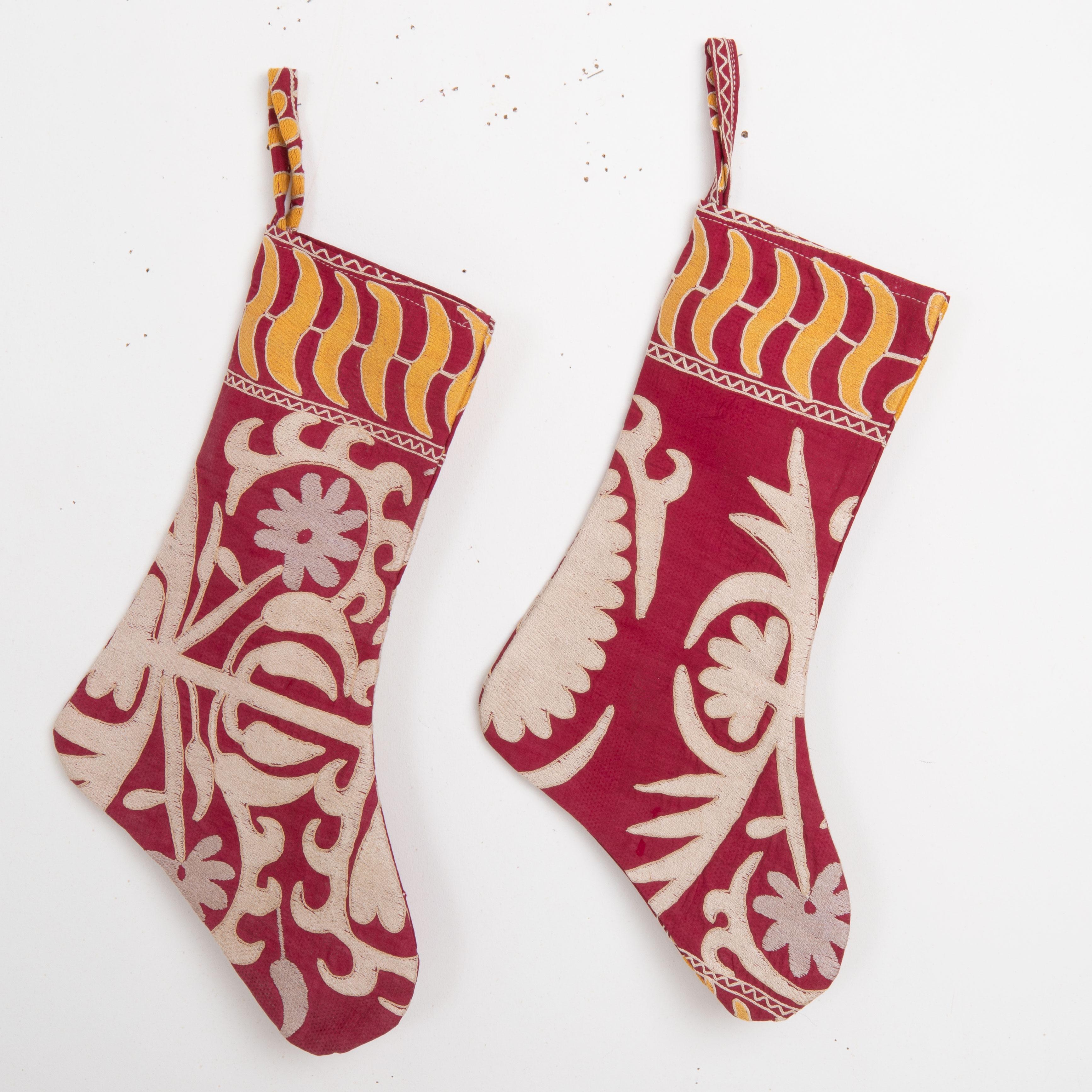 Double Sided Christmas Stockings Made from Vintage Suzani Fragments In Good Condition For Sale In Istanbul, TR