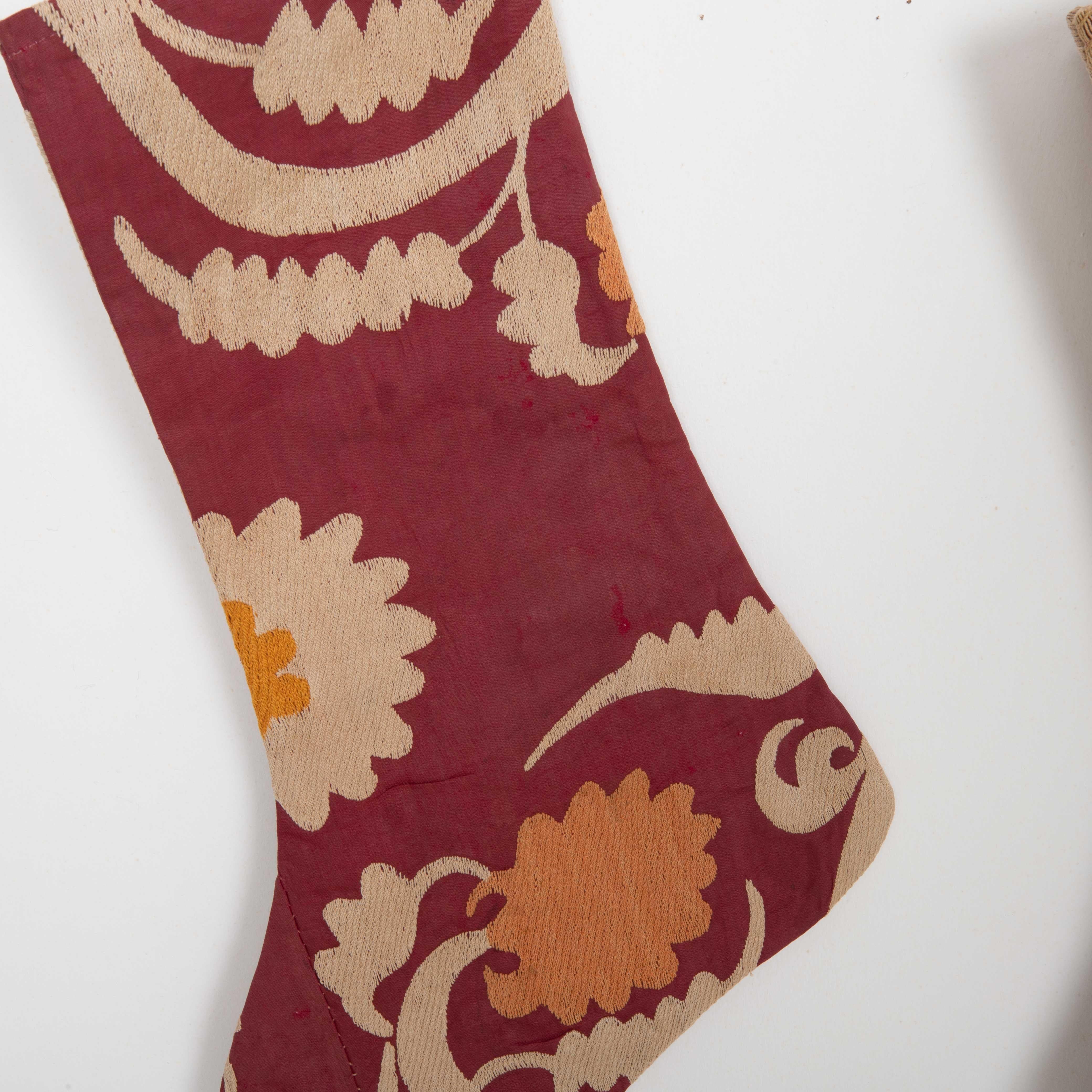 Double Sided Christmas Stockings Made from Vintage Suzani Fragments In Good Condition For Sale In Istanbul, TR