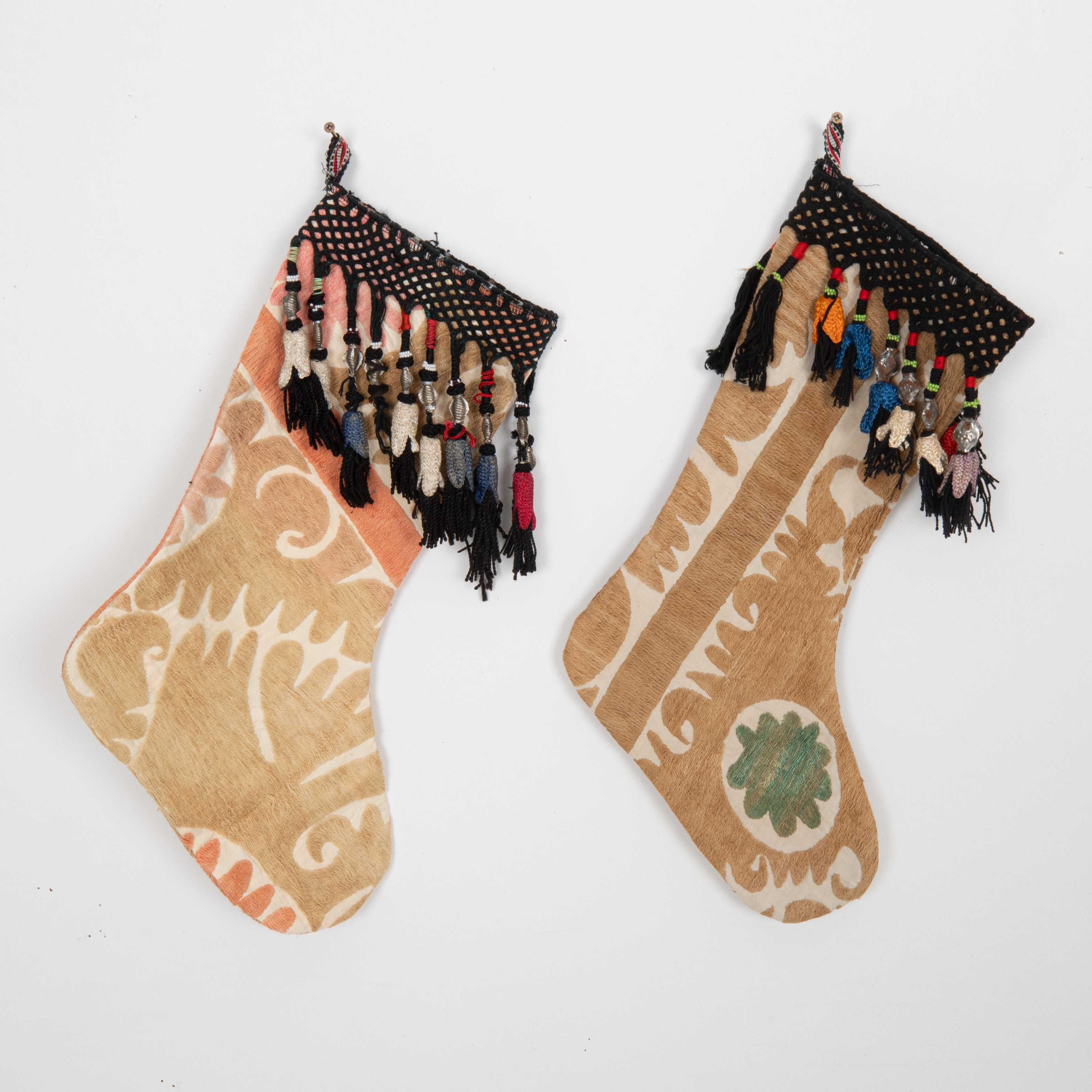 Embroidered Double Sided Christmas Stockings Made from Vintage Suzani Fragments For Sale