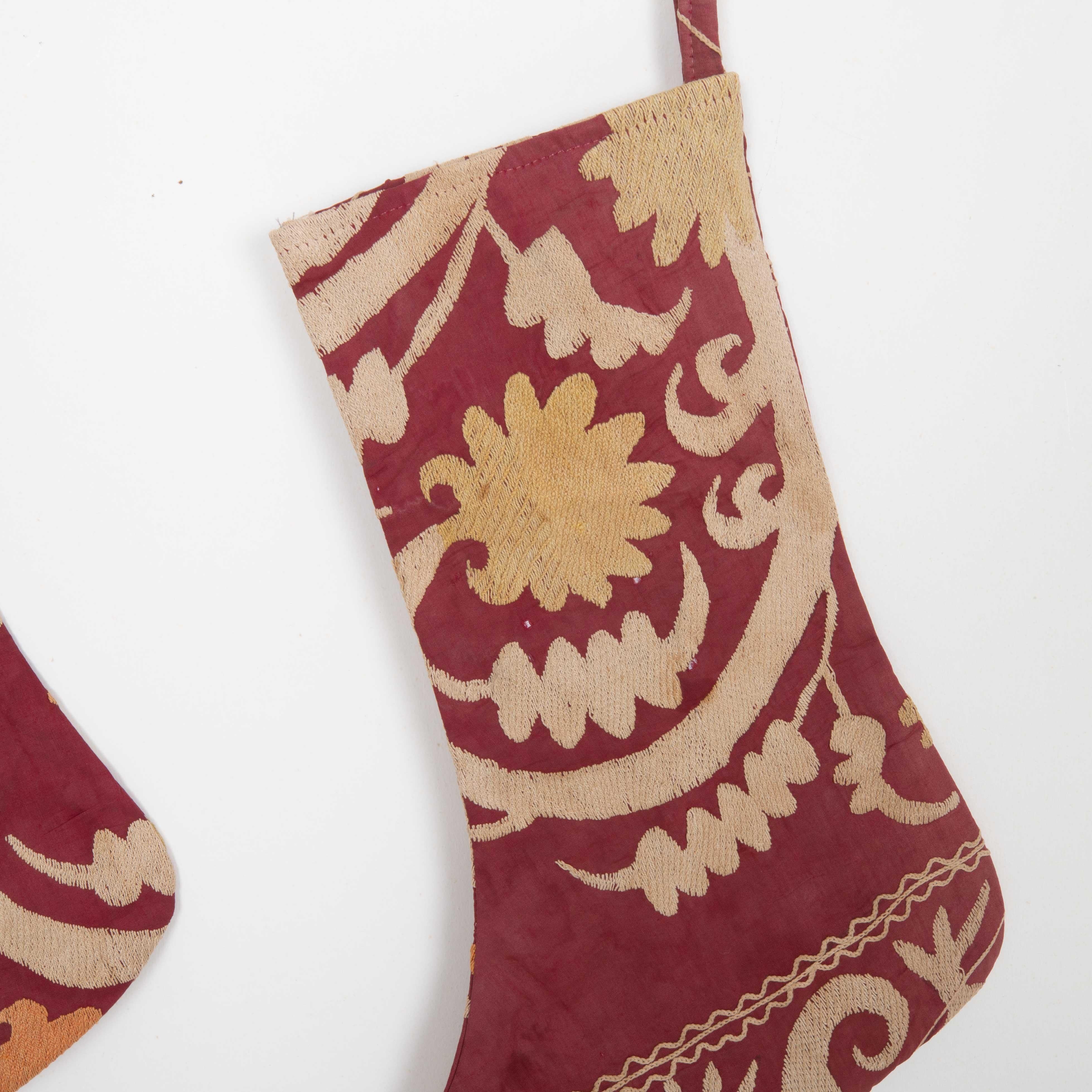 Double Sided Christmas Stockings Made from Vintage Suzani Fragments In Good Condition For Sale In Istanbul, TR