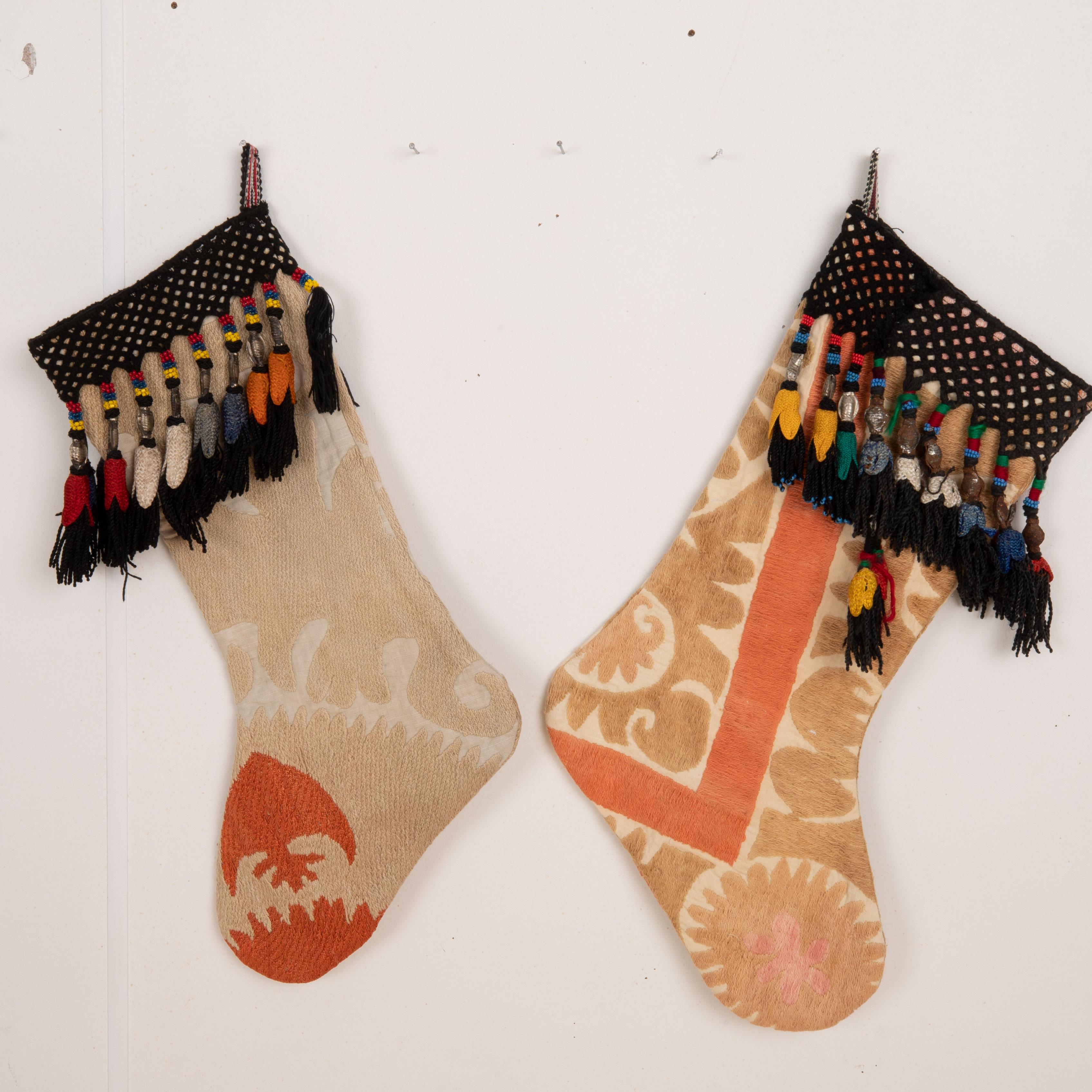 Cotton Double Sided Christmas Stockings Made from Vintage Suzani Fragments For Sale