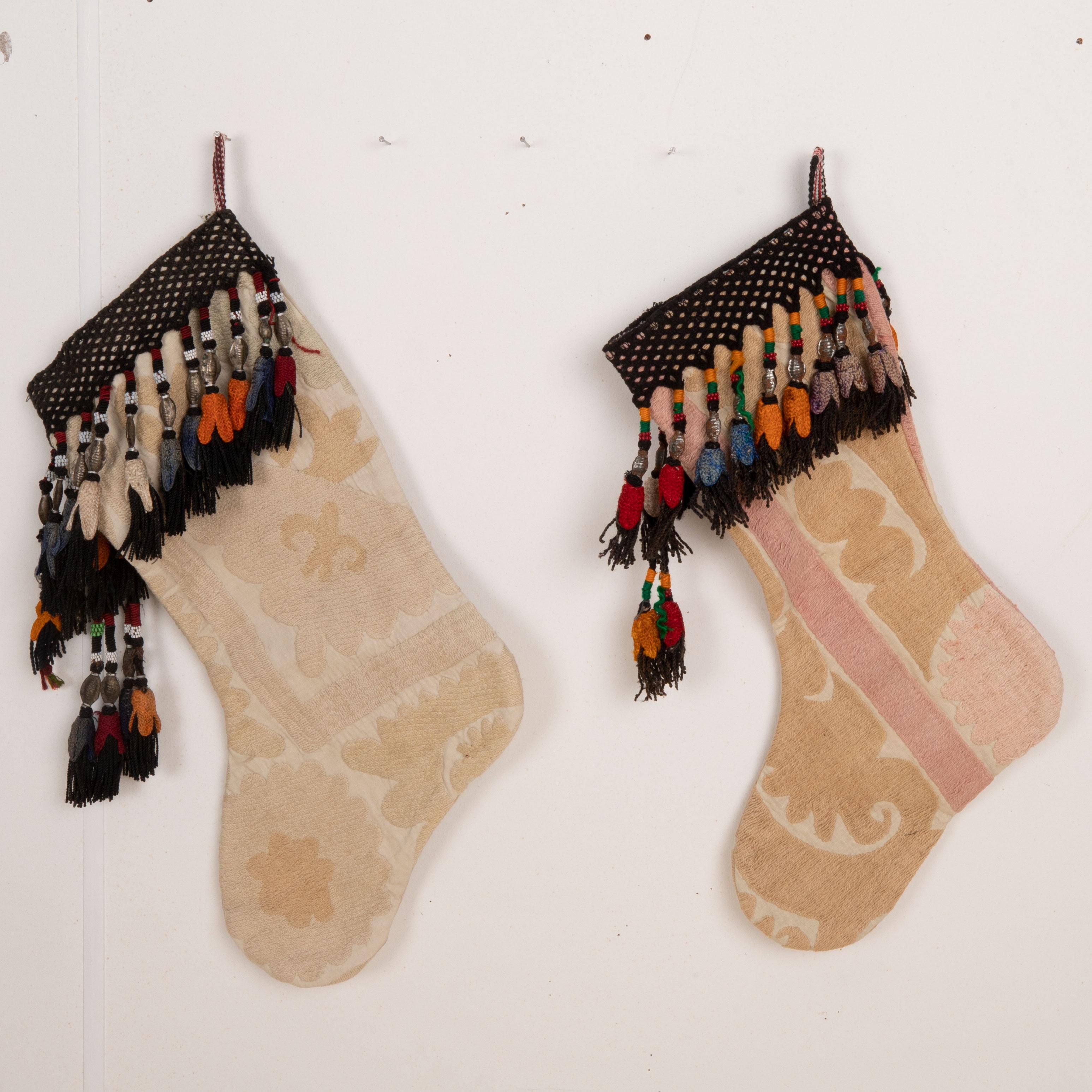 Cotton Double Sided Christmas Stockings Made from Vintage Suzani Fragments For Sale