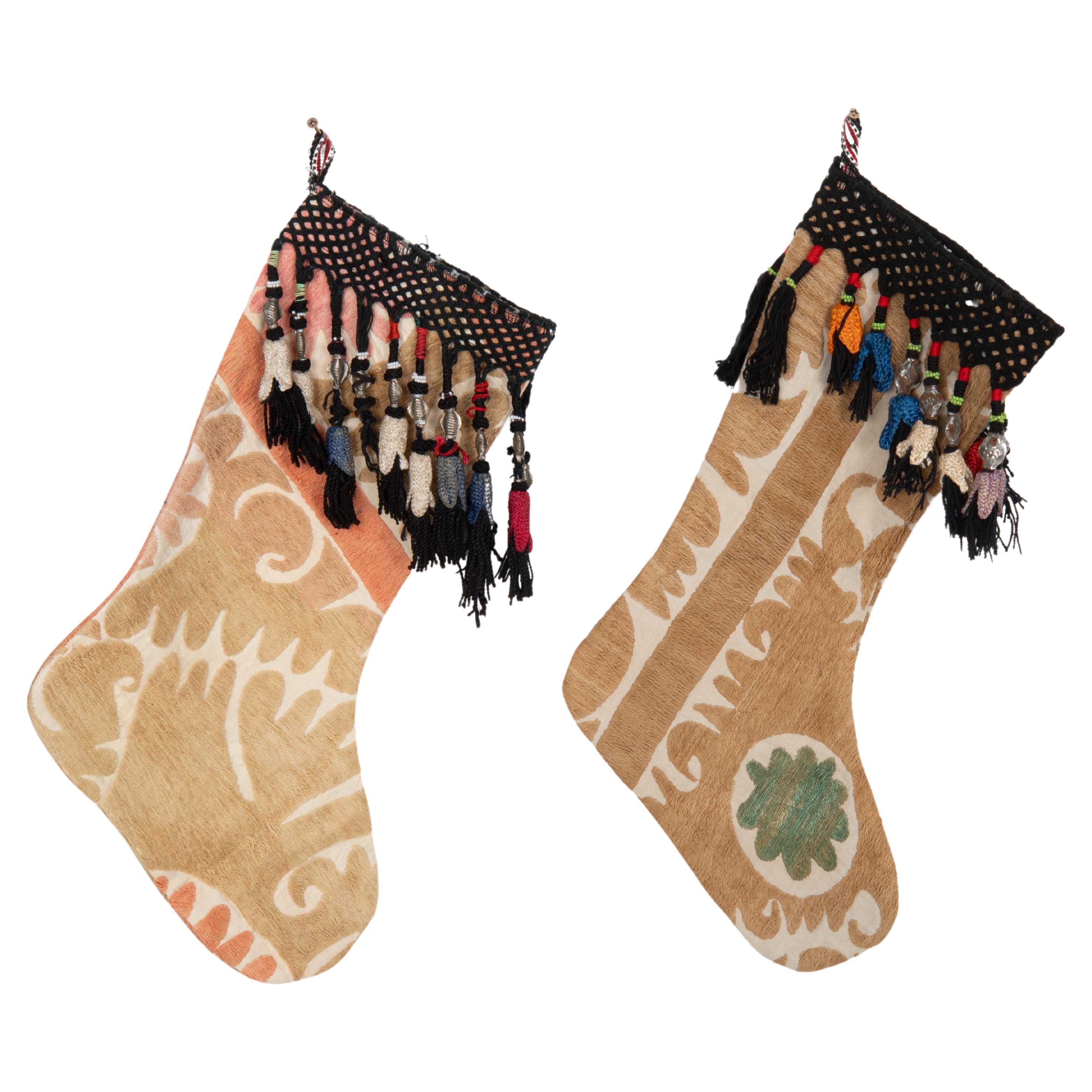 Double Sided Christmas Stockings Made from Vintage Suzani Fragments For Sale