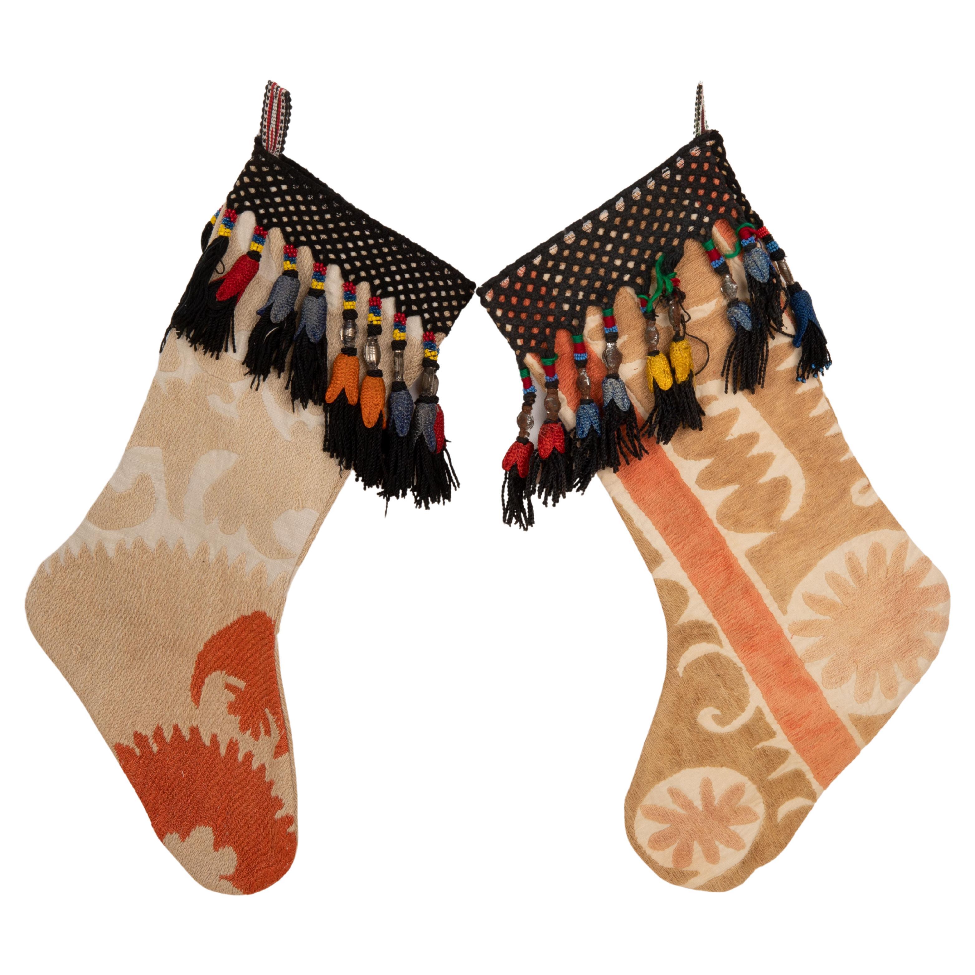 Double Sided Christmas Stockings Made from Vintage Suzani Fragments For Sale