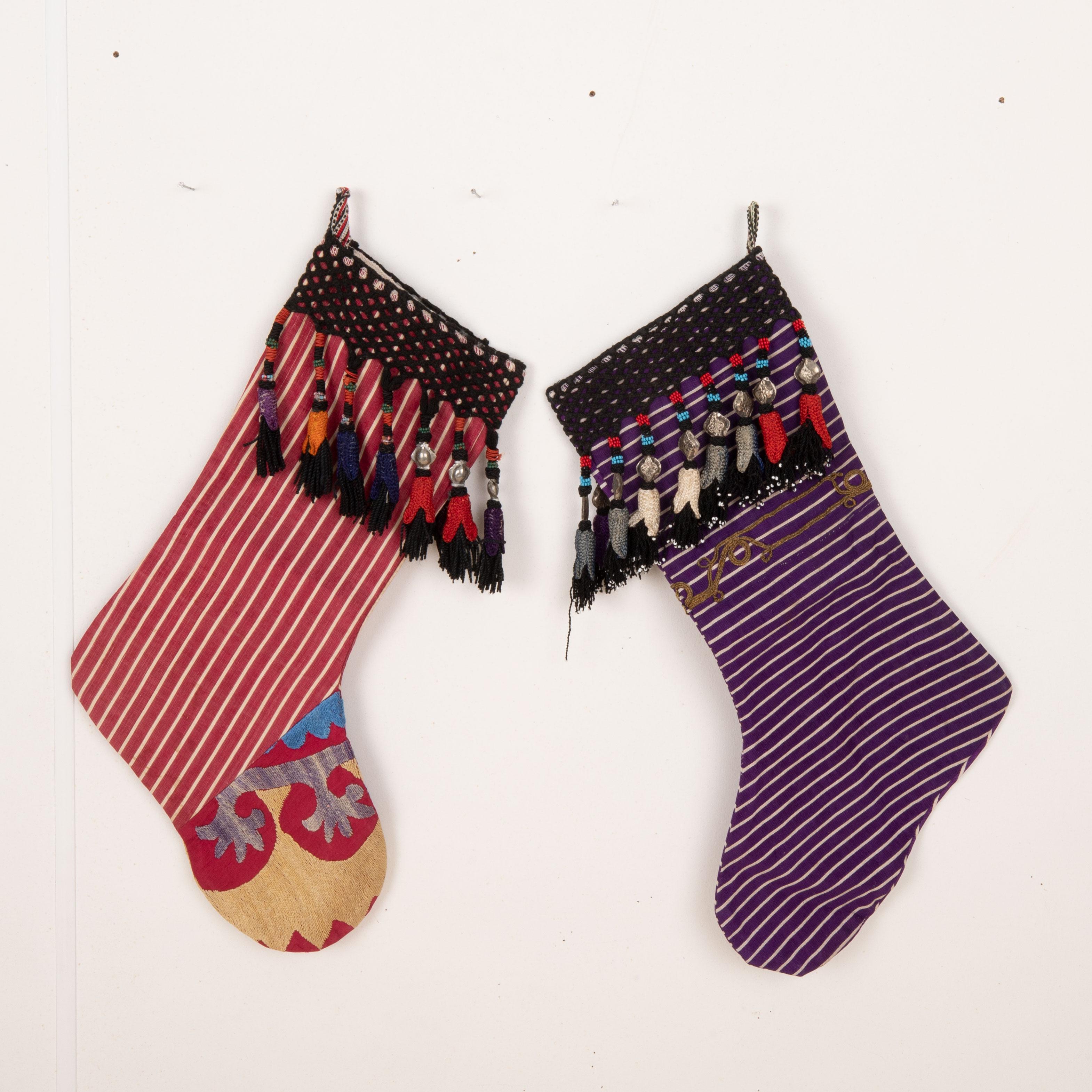 Silk Double Sided Christmas Stockings Made from Vintage Turkish and Uzbek Textile Fra For Sale
